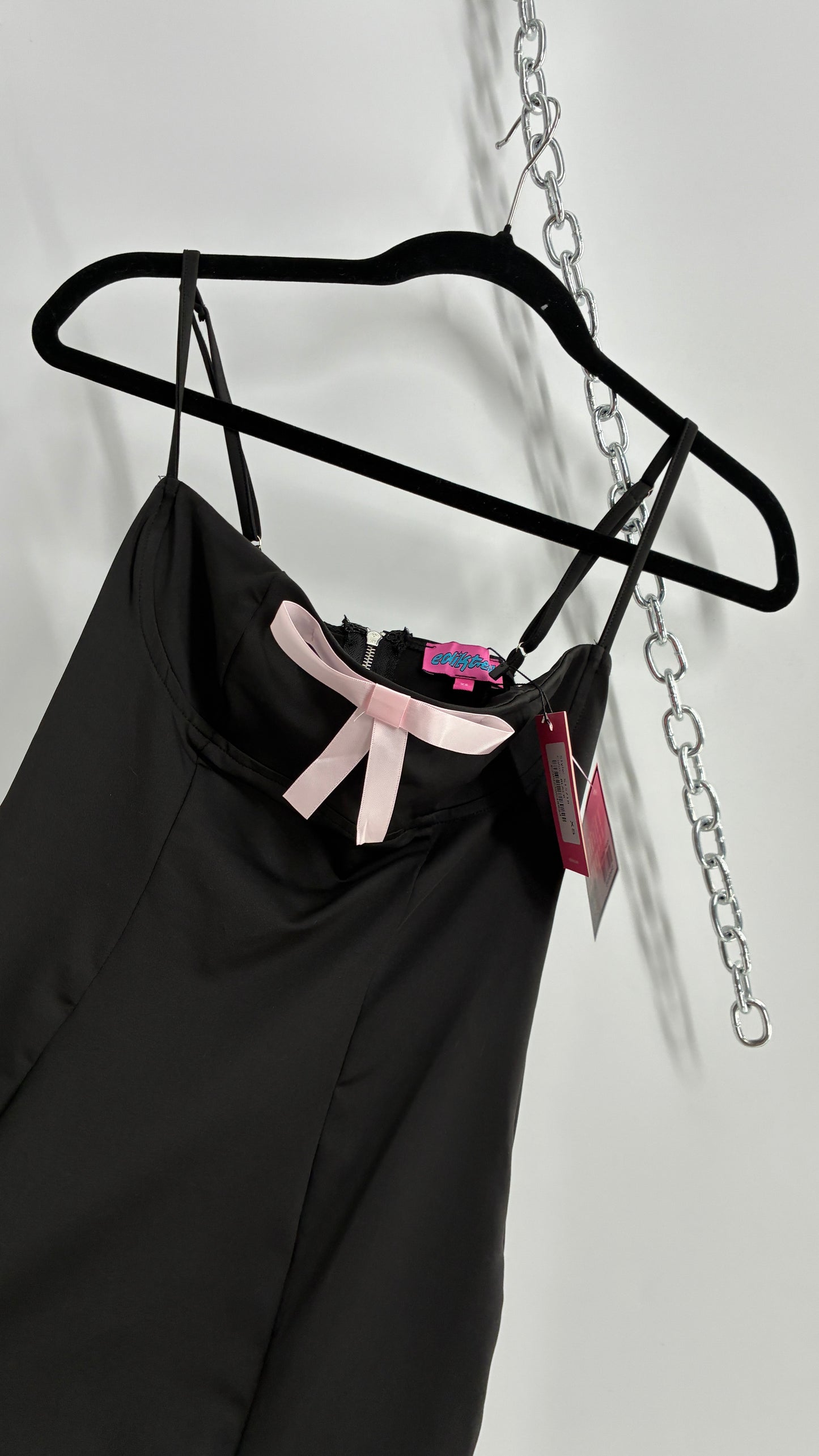 Edikted Black Satin Underbust Panel Mini Dress with Baby Pink Bow and Tags Attached (XS)