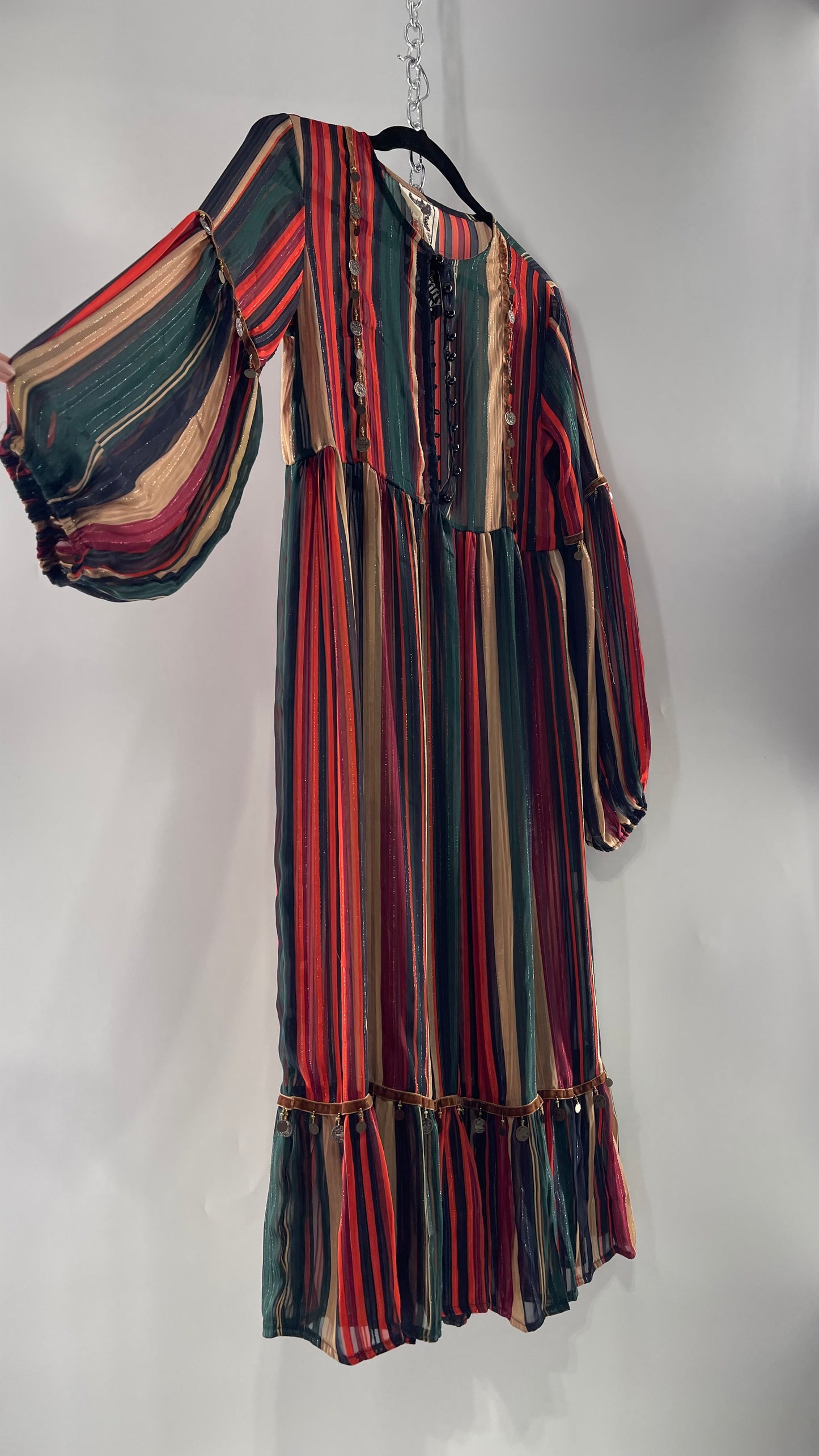 JAASE Striped MIDI Dress with Ruffled Hem, Coin Detailing, Dramatic Button Front Dress (XS)