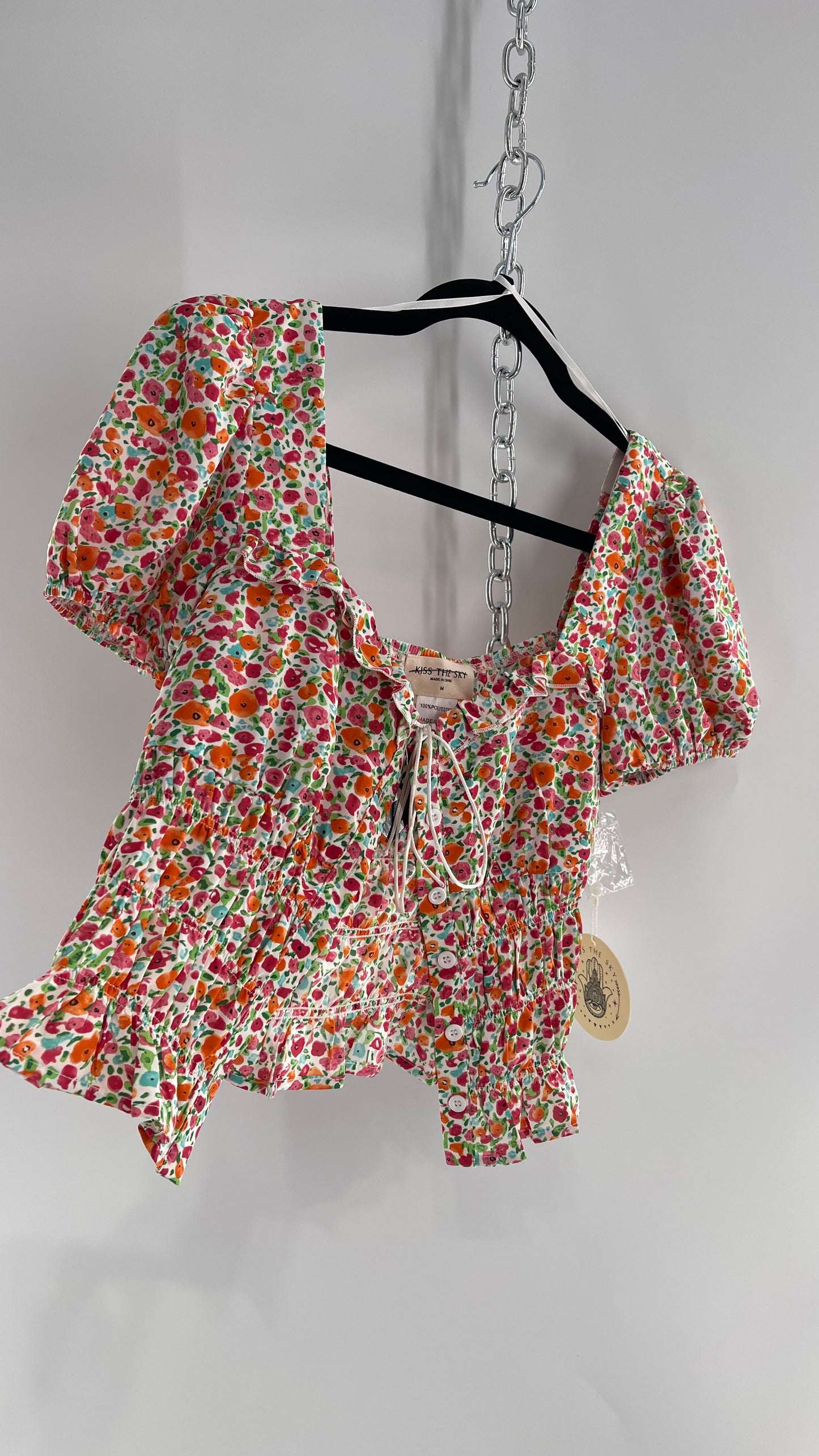 Free People Kiss The Sky Ribbon Bust Floral Prairie Top (Medium)