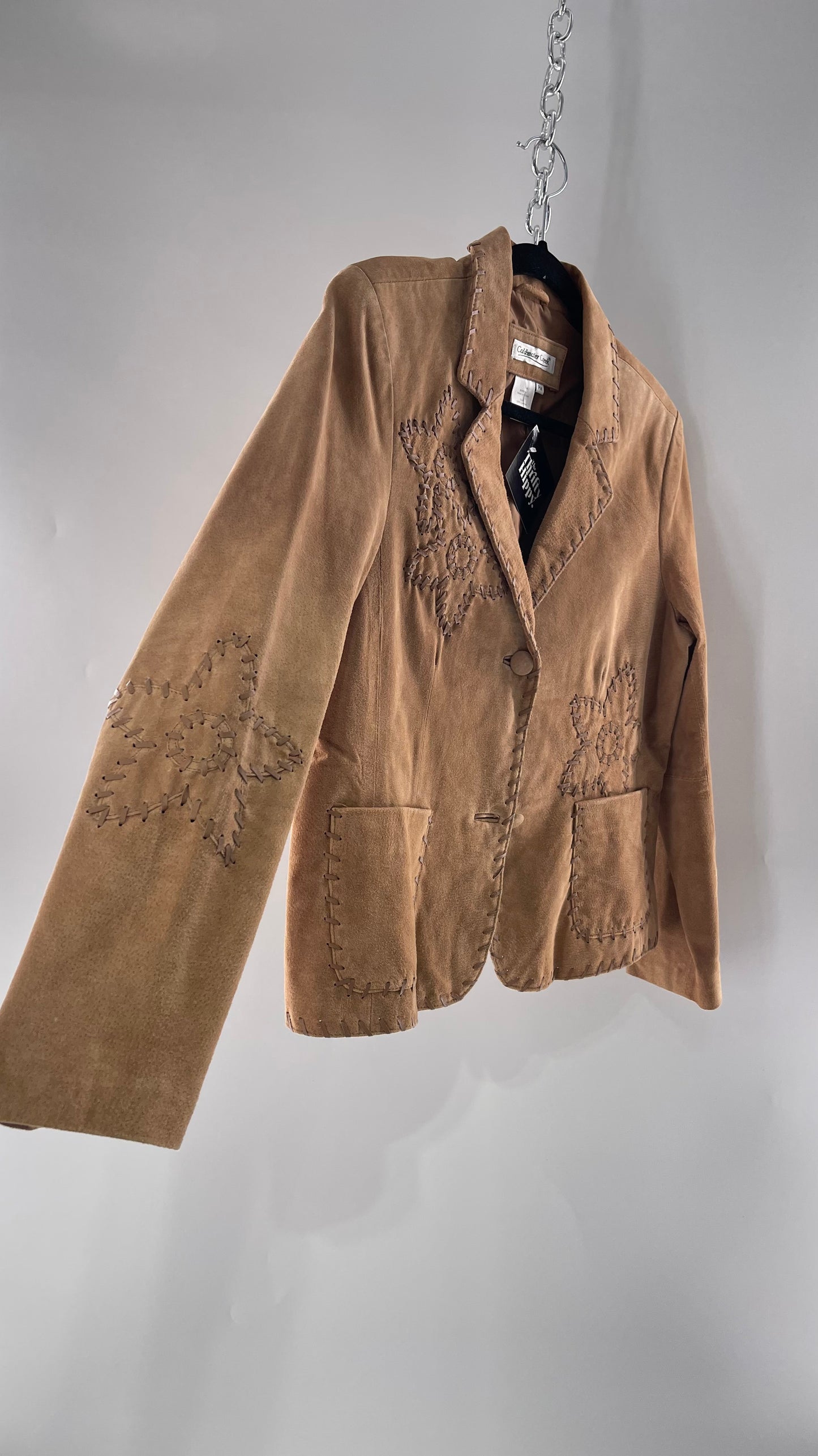 Vintage Rare Light Brown Genuine Suede Blazer with Embroidered Suede Flower and Contrasting Thick Leather Stitching (Medium)