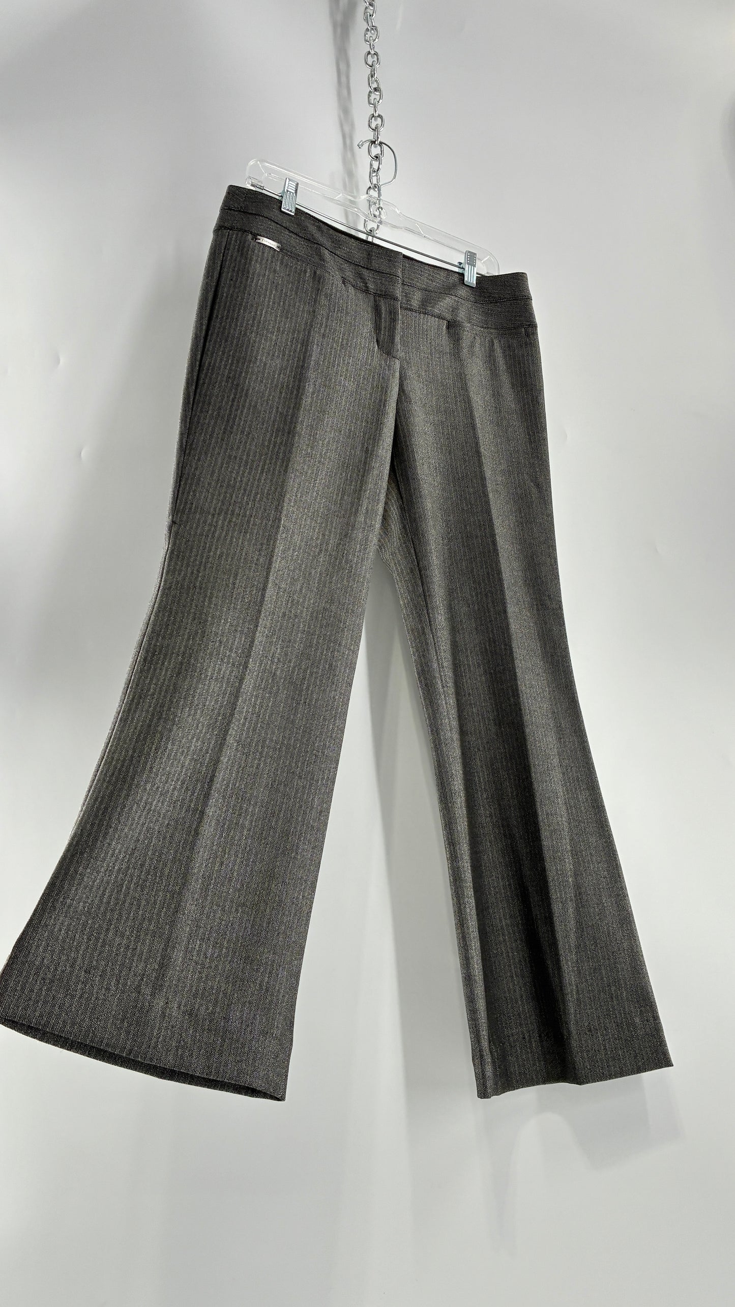 Vintage 1990s EXPRESS Editor Dark Grey Pinstripe Ultra Low Rise Thick Hip Band Kick Flares (6R)
