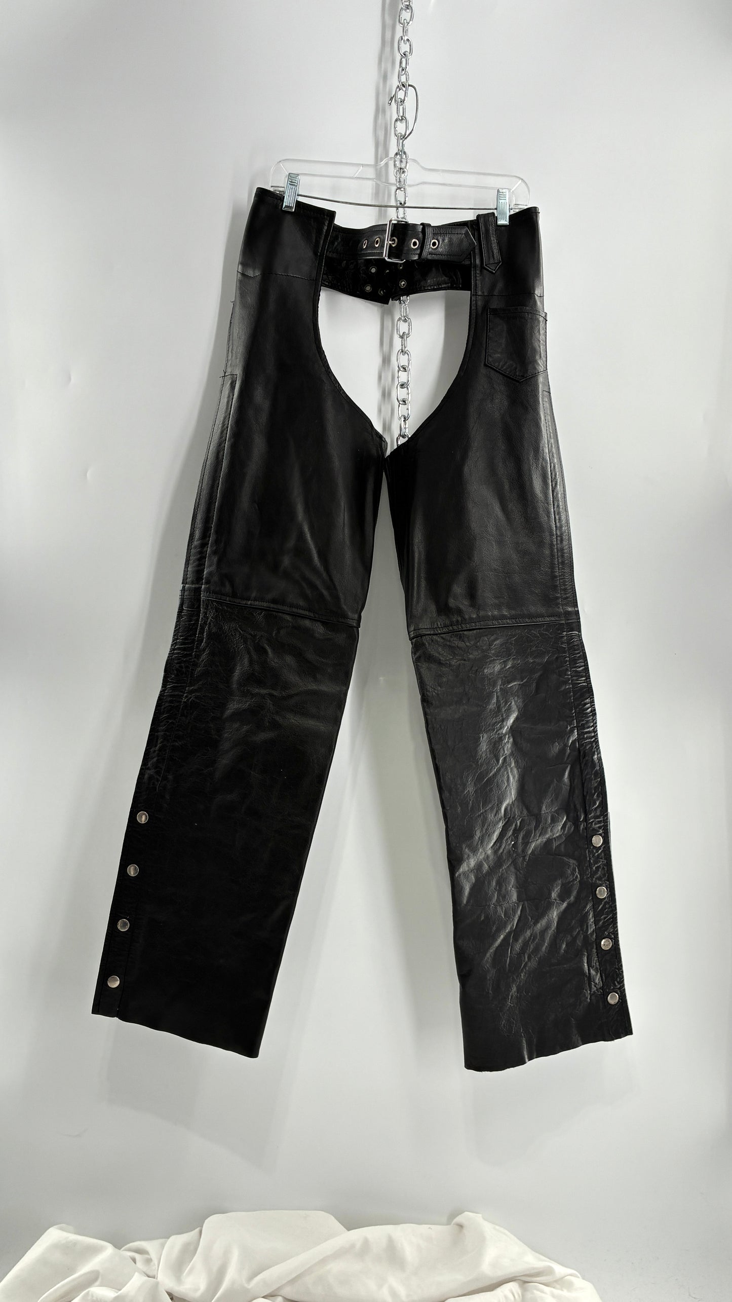 Vintage Xelement Black Genuine Leather Motorcycle Chaps with Side Zipper and Button Closure (34)