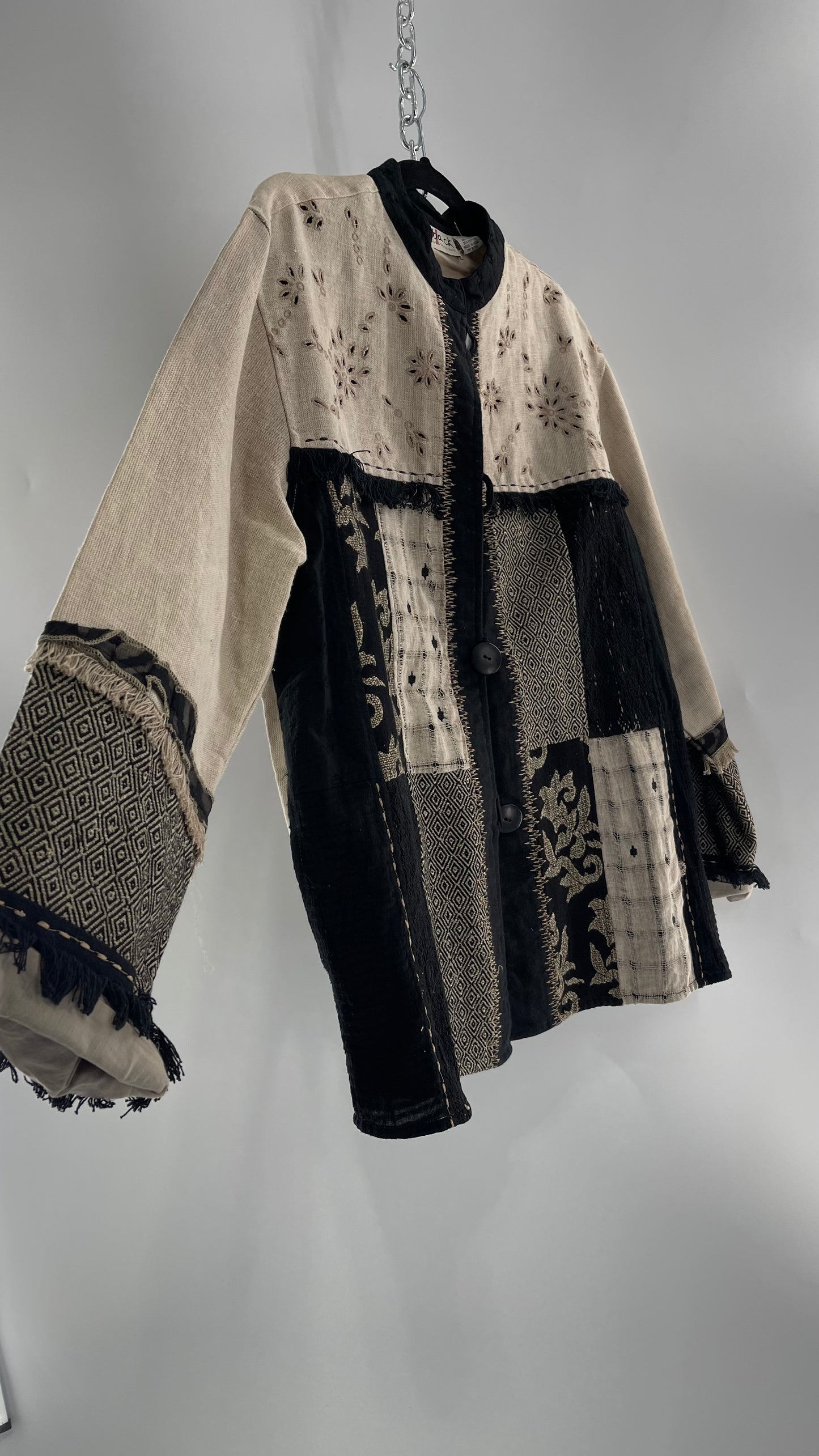 Deadstock Vintage Flashback Patchwork Coat with Mixed Neutral Fabrics, Embroidery and Fringe Details (Large)