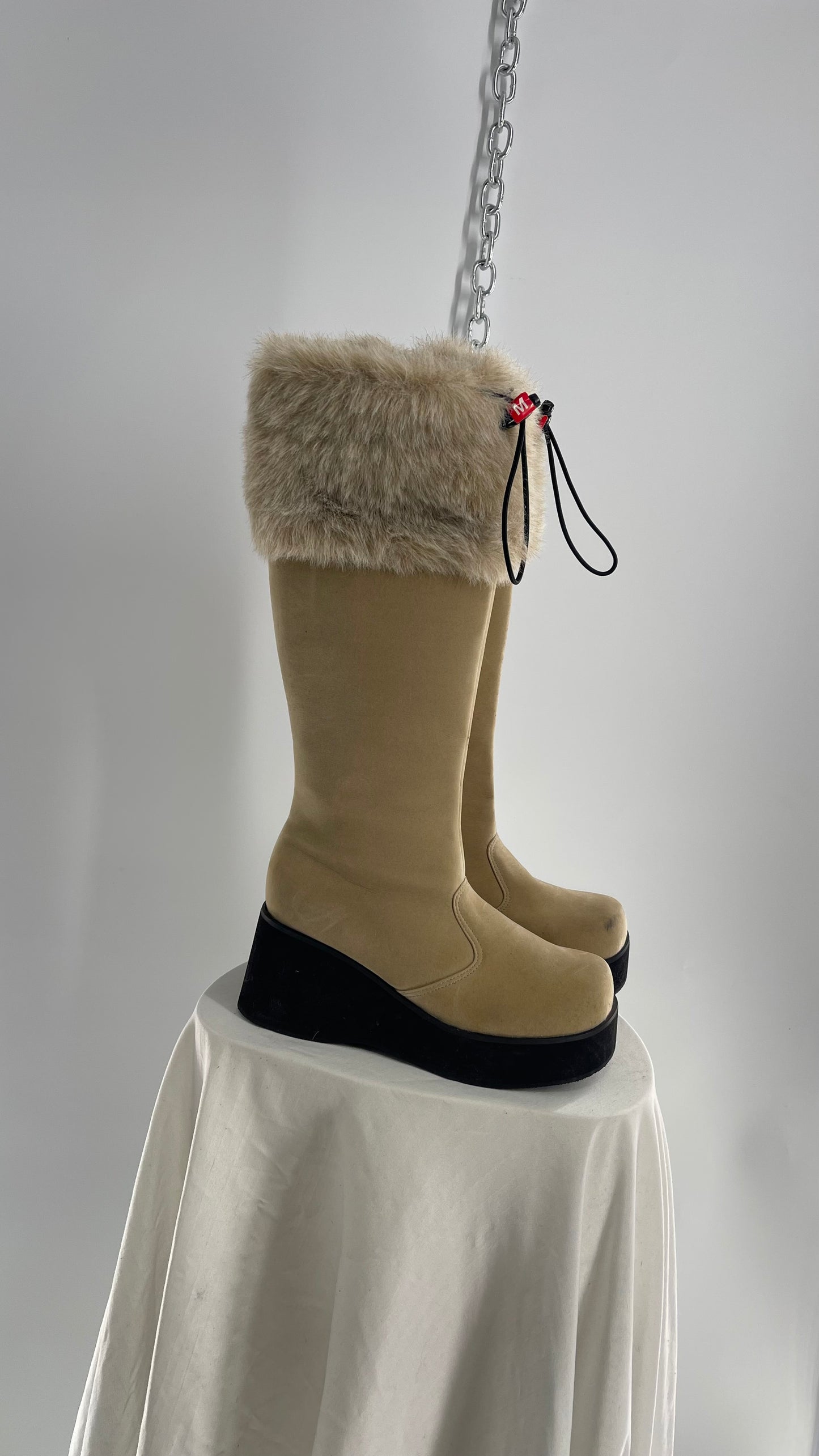 Vintage Faux Fur Trim Tan Platform Wedge Knee High Boots (6)