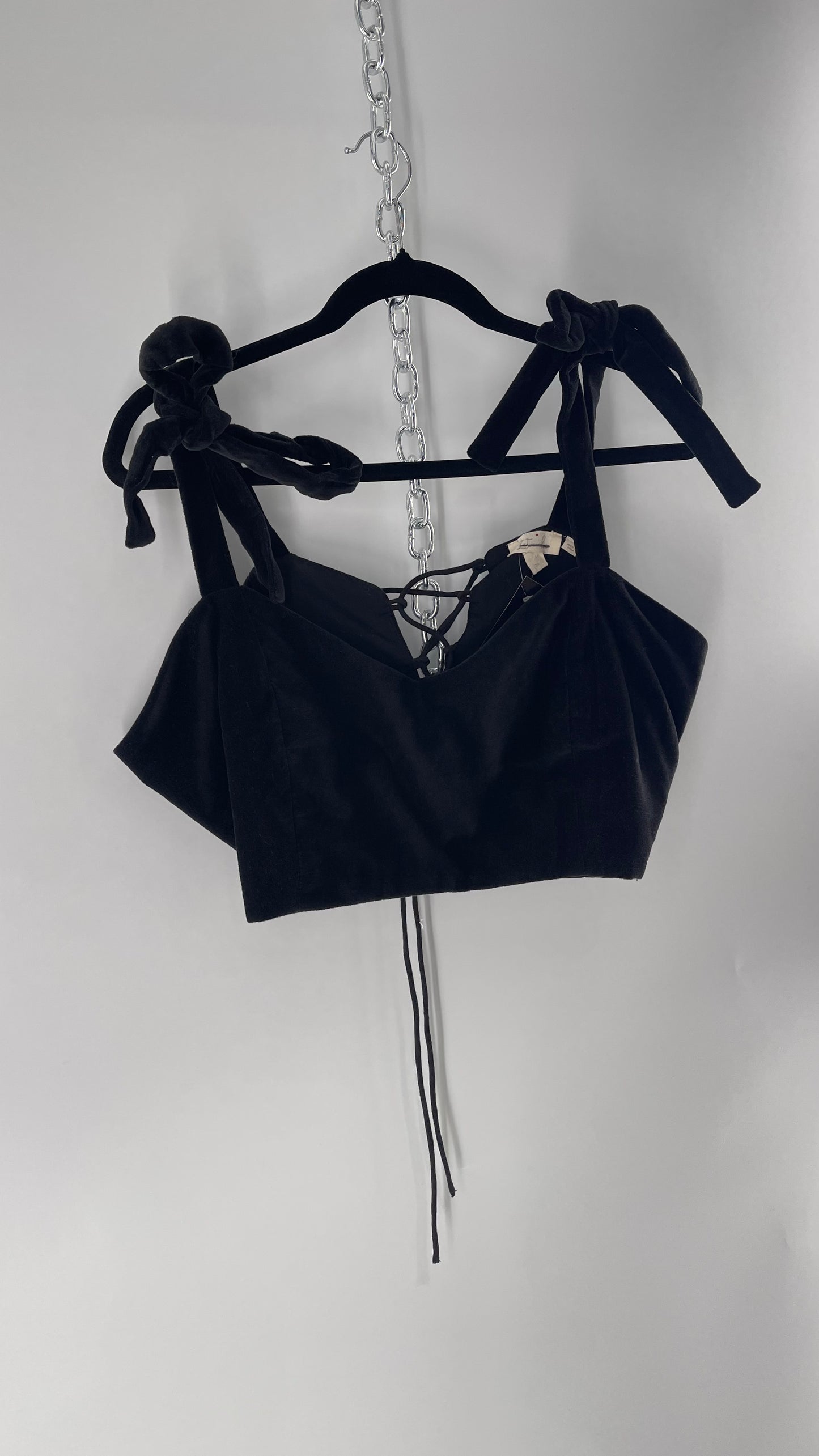Letmebe Anthropologie Black Velvet Cropped Tank with Delicate, Romantic Tie Shoulders and Lace Up Back (XL)