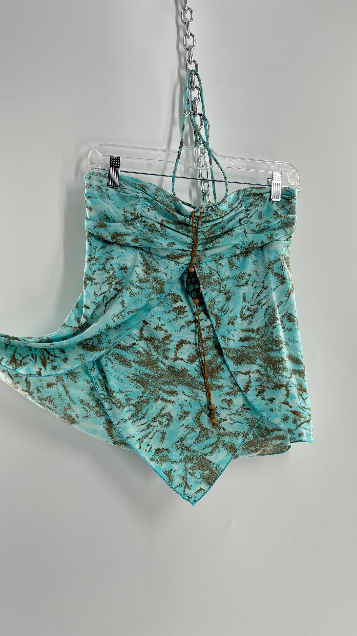 Vintage VENUS Turquoise Handkerchief Hem, Vented Tube Top with Stone Buckle and Choker Detail (M)