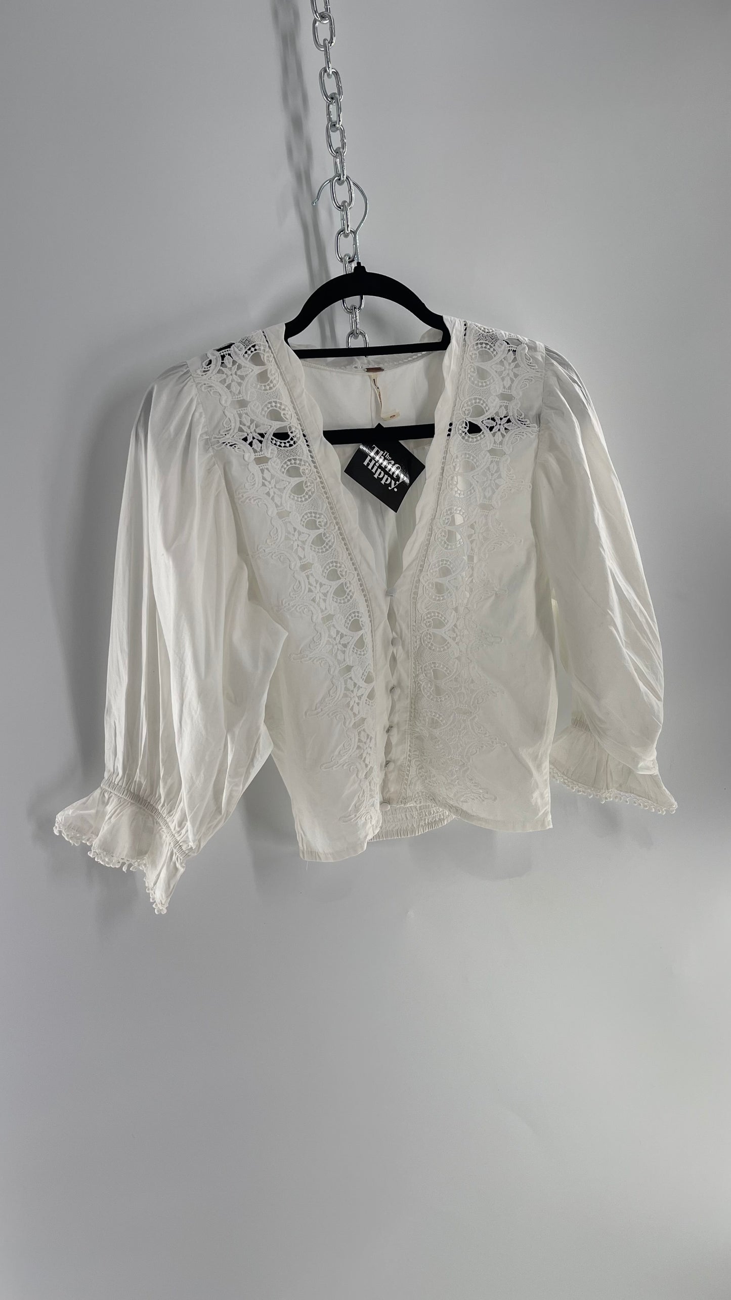 Free People White Puff Sleeve Prairie Blouse with Lace Details (Small)