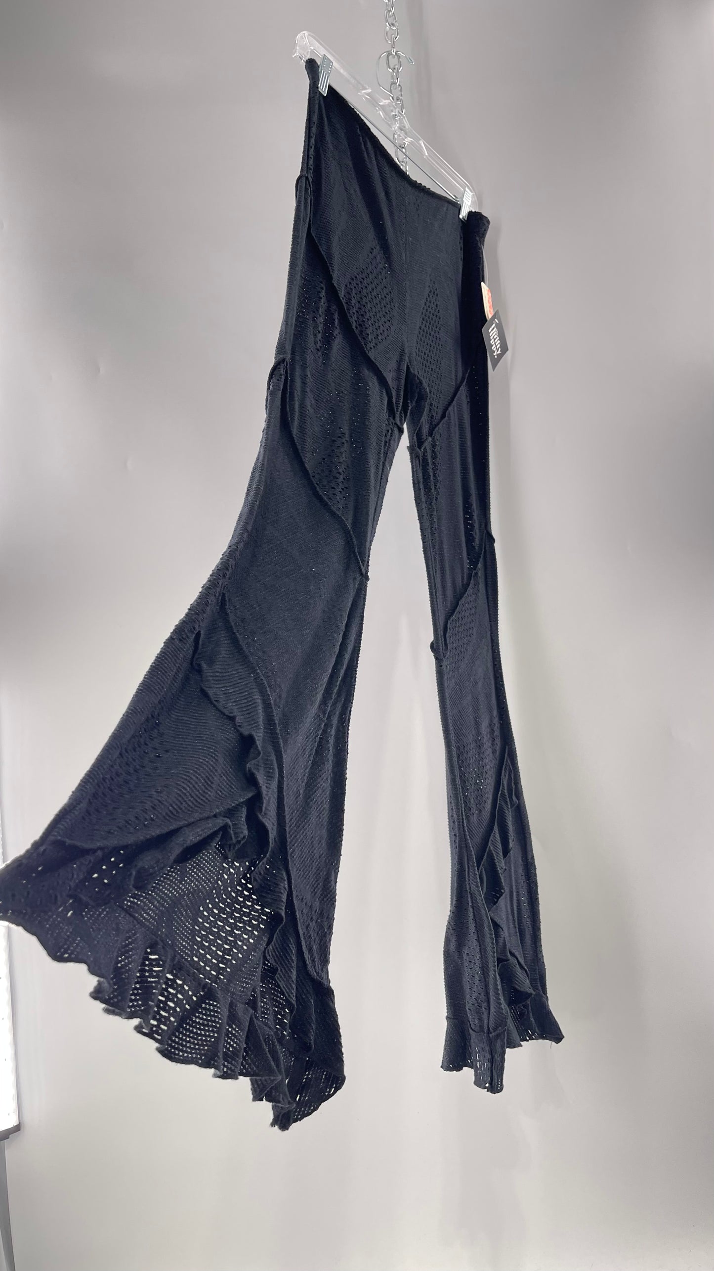 Free People Black Midnight Grey Mixed Pattern Kickflares with High Low Hem, Exposed Seams and Distressing Tags Attached (Medium)