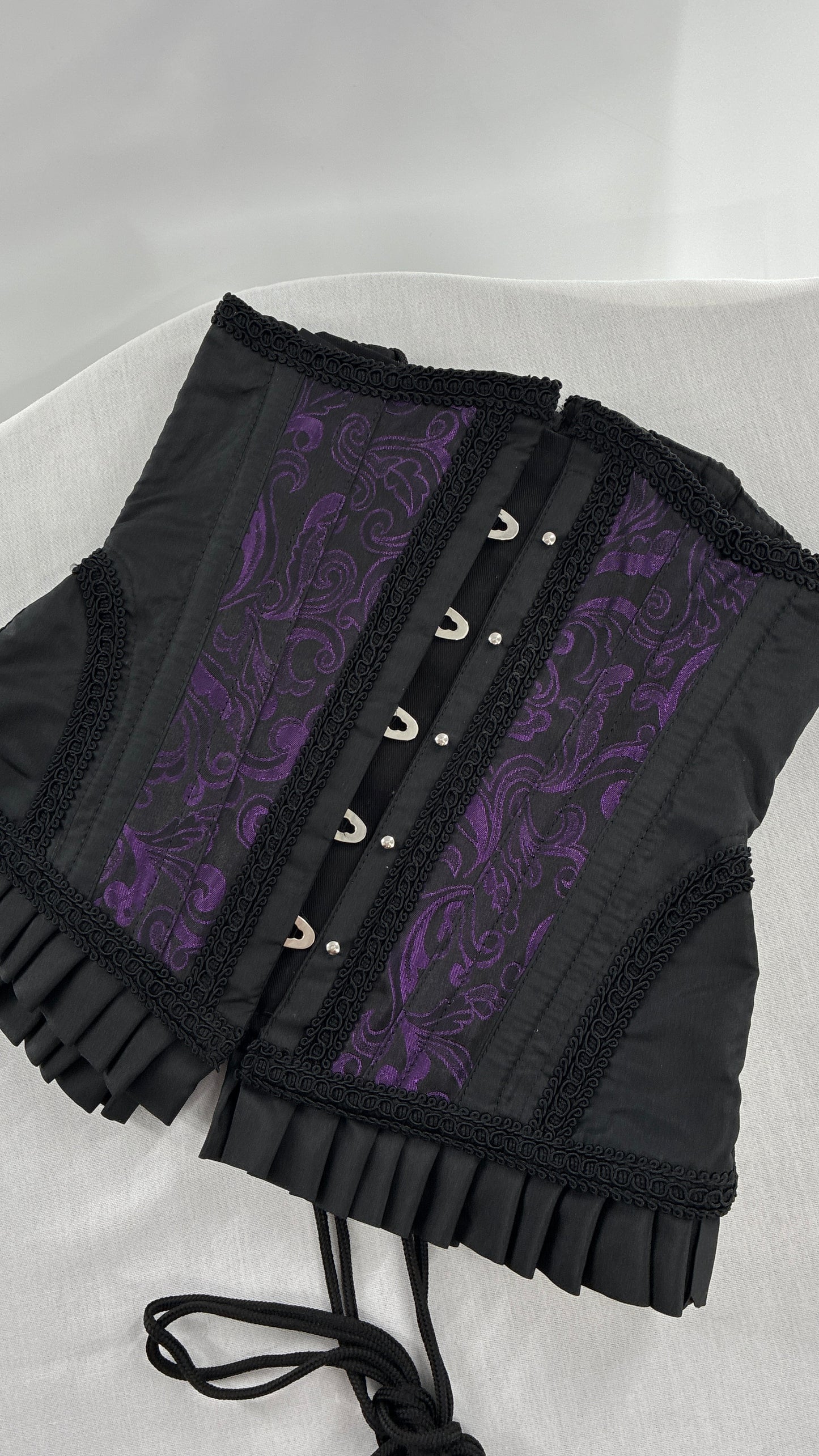 Vintage Black and Purple Brocade Corset with Pleated, Ruffled Hem (Sz 22)