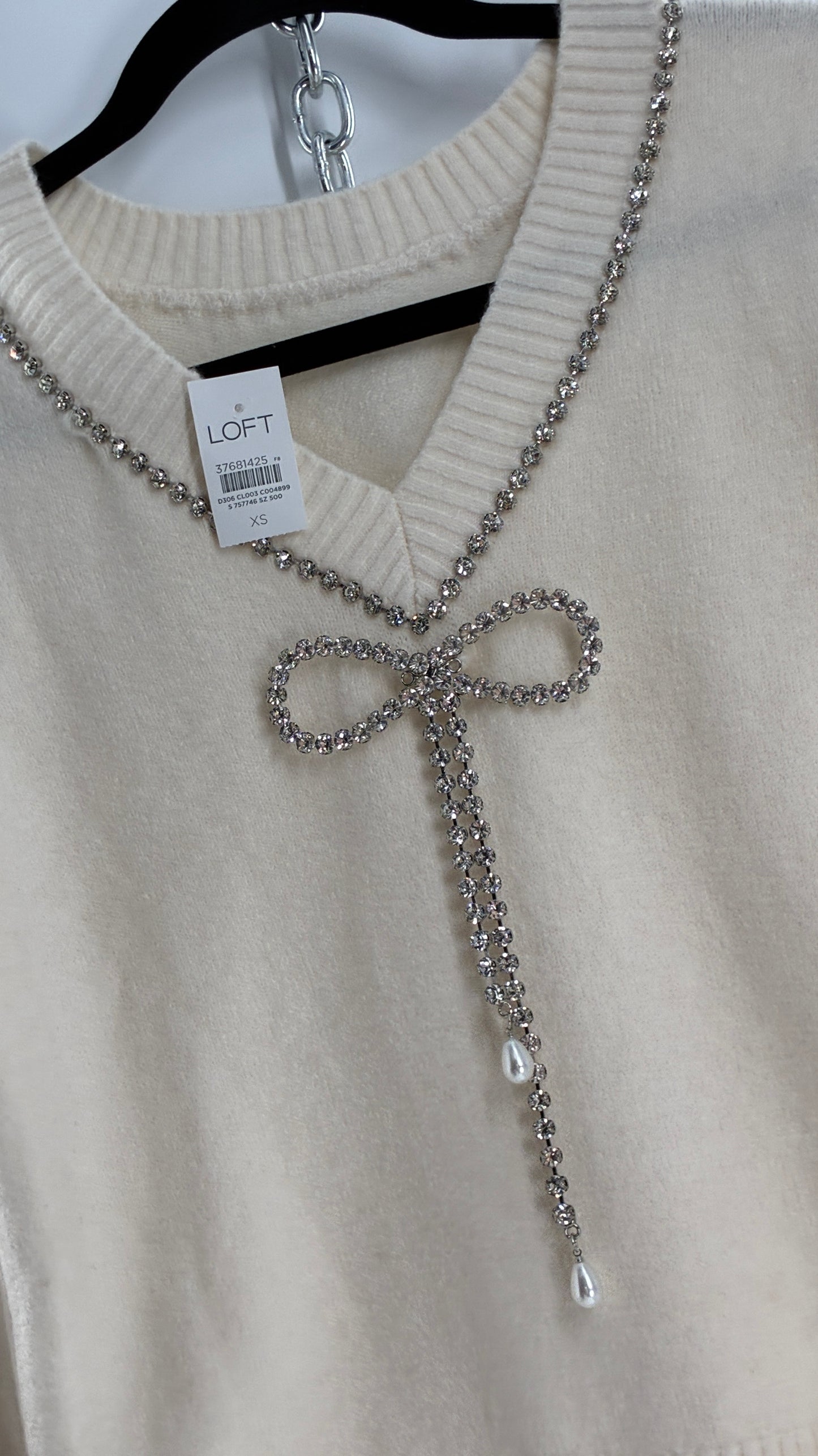 LOFT Cream Reversible Sweater with Rhinestone and Pearl Bow Detail + Tags Attached (XS)