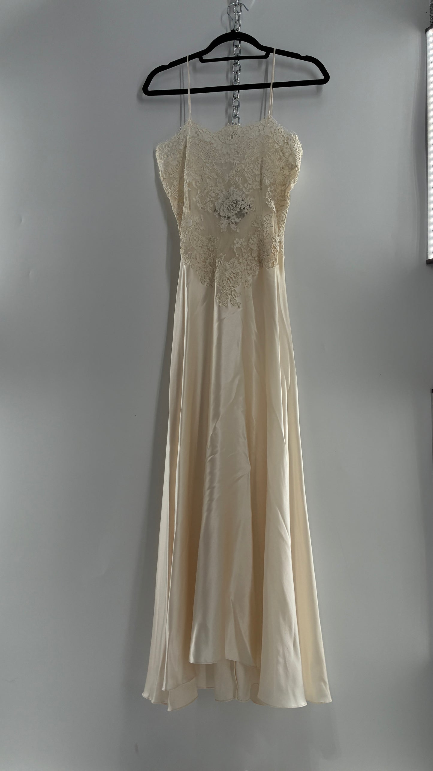 Vintage JONQUIL 100% Silk Gown with Heavy Lace Appliqués and Low Cut Sheer Back (Medium)