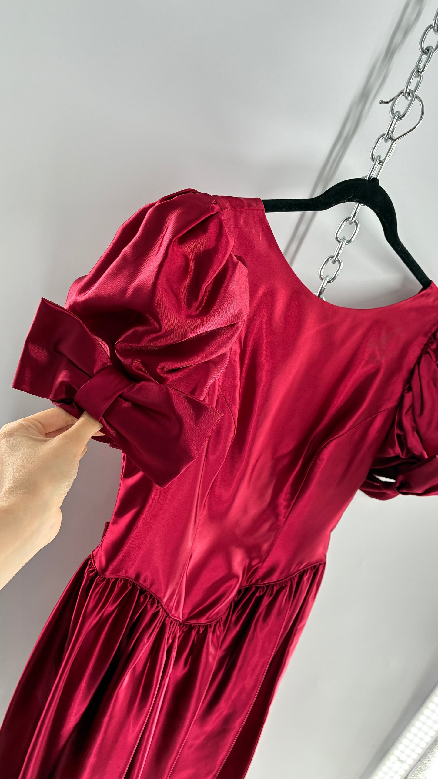 Vintage Red Silky Satin Corset Style Dress with Sweetheart Neckline, Puff Sleeves, Oversized Bow Bum, Open Back and Draping Pearls (10P)