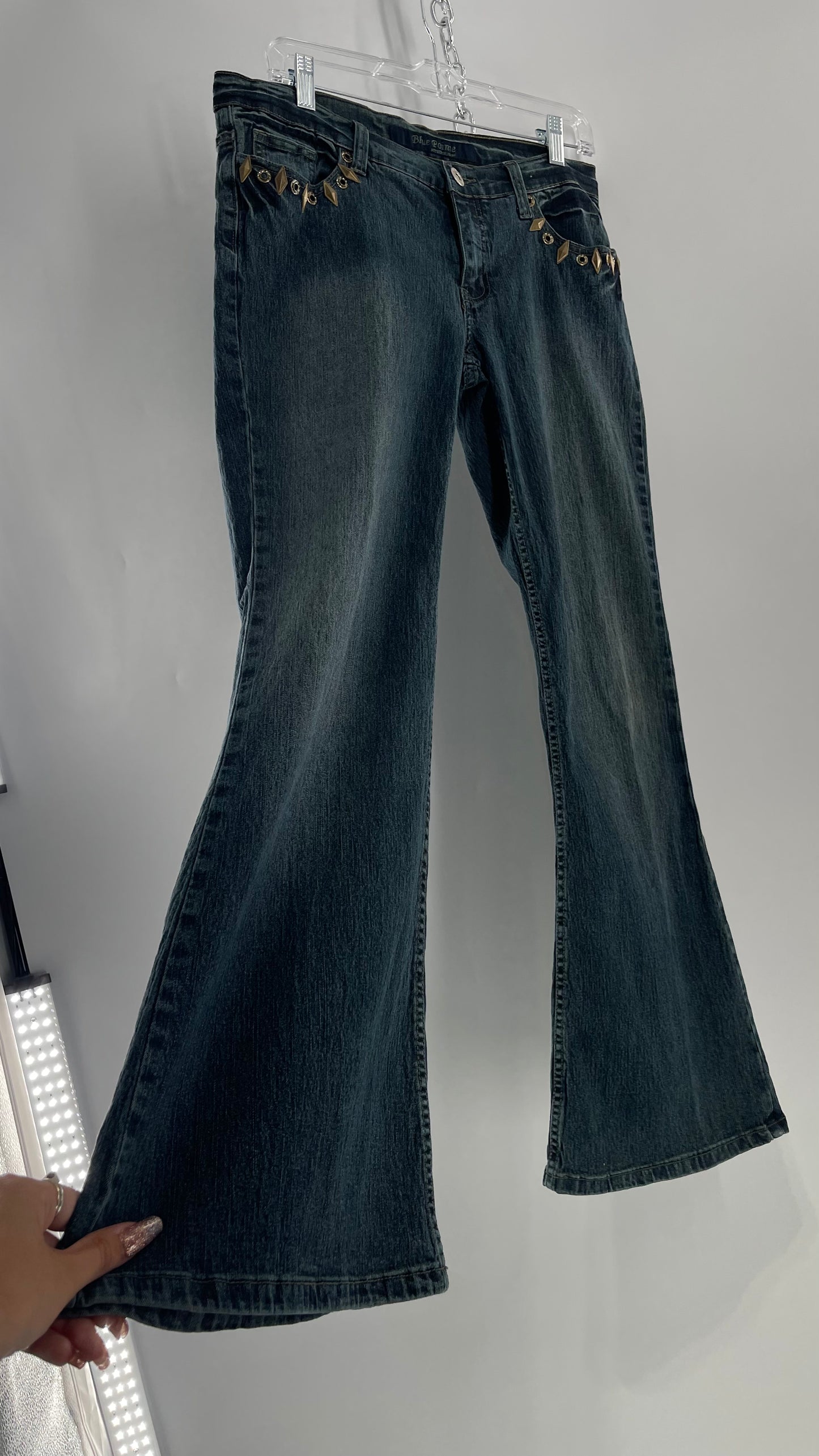 Vintage Blue Pointe Kickflare Medium Wash Jeans with Gold Rhinestone Metal Jewels (13)