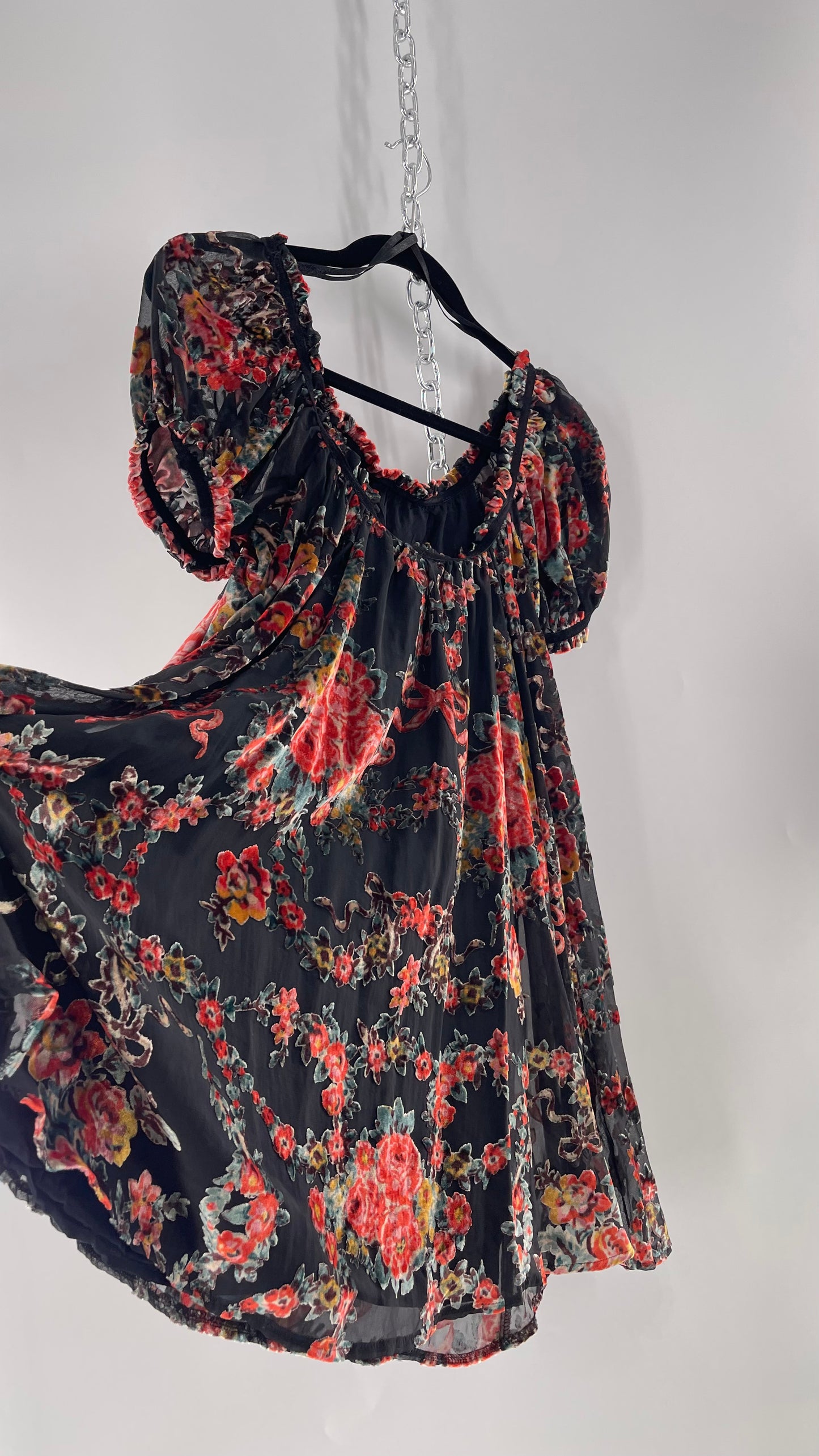 Free People Beautiful Blooms Velvet Florals Babydoll Dress (Small)