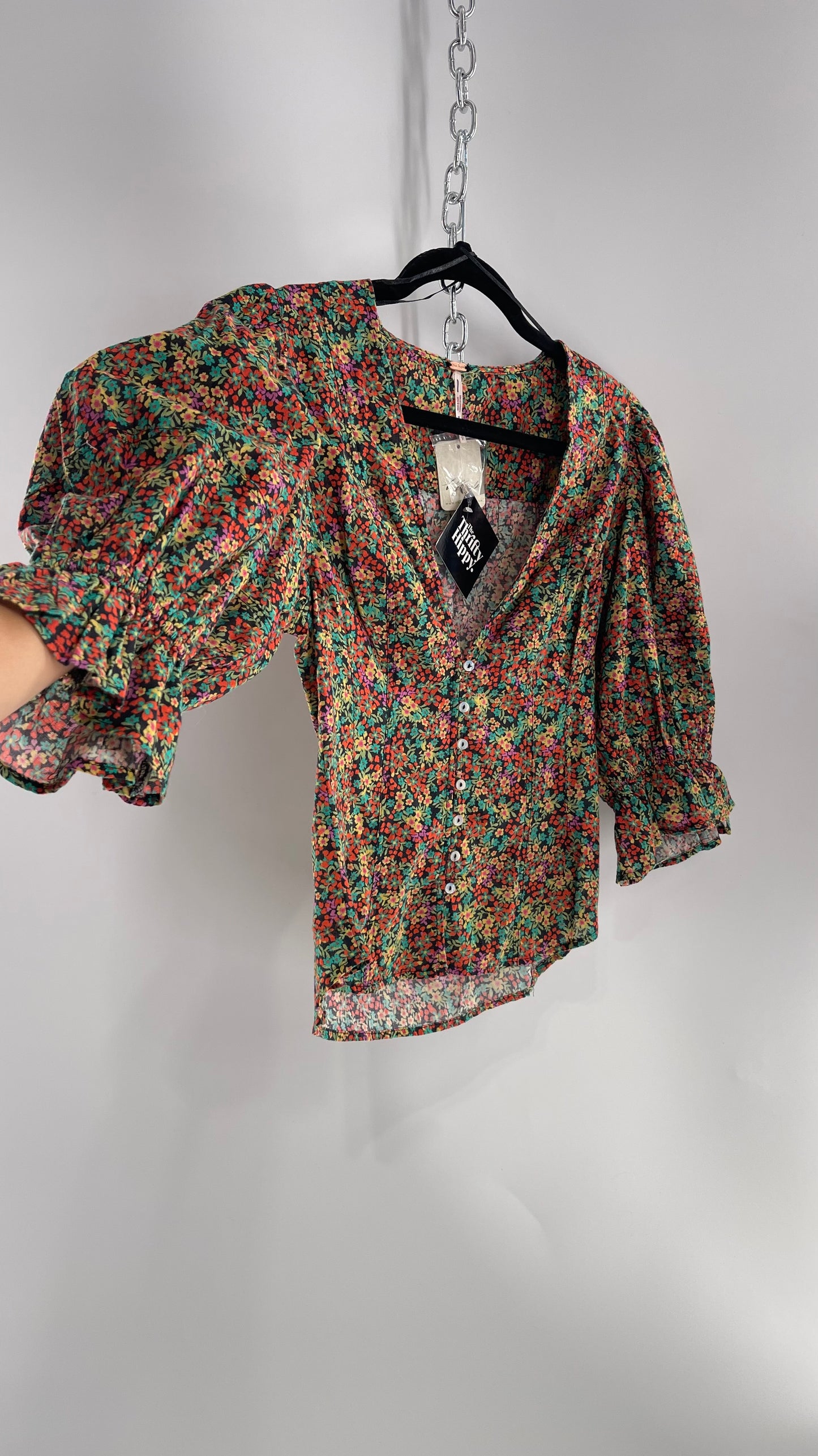 Free People 100% Cotton Colorful Florals Blouse with Deep V, Puff Sleeves, Button Front, and Tags Attached (Small)