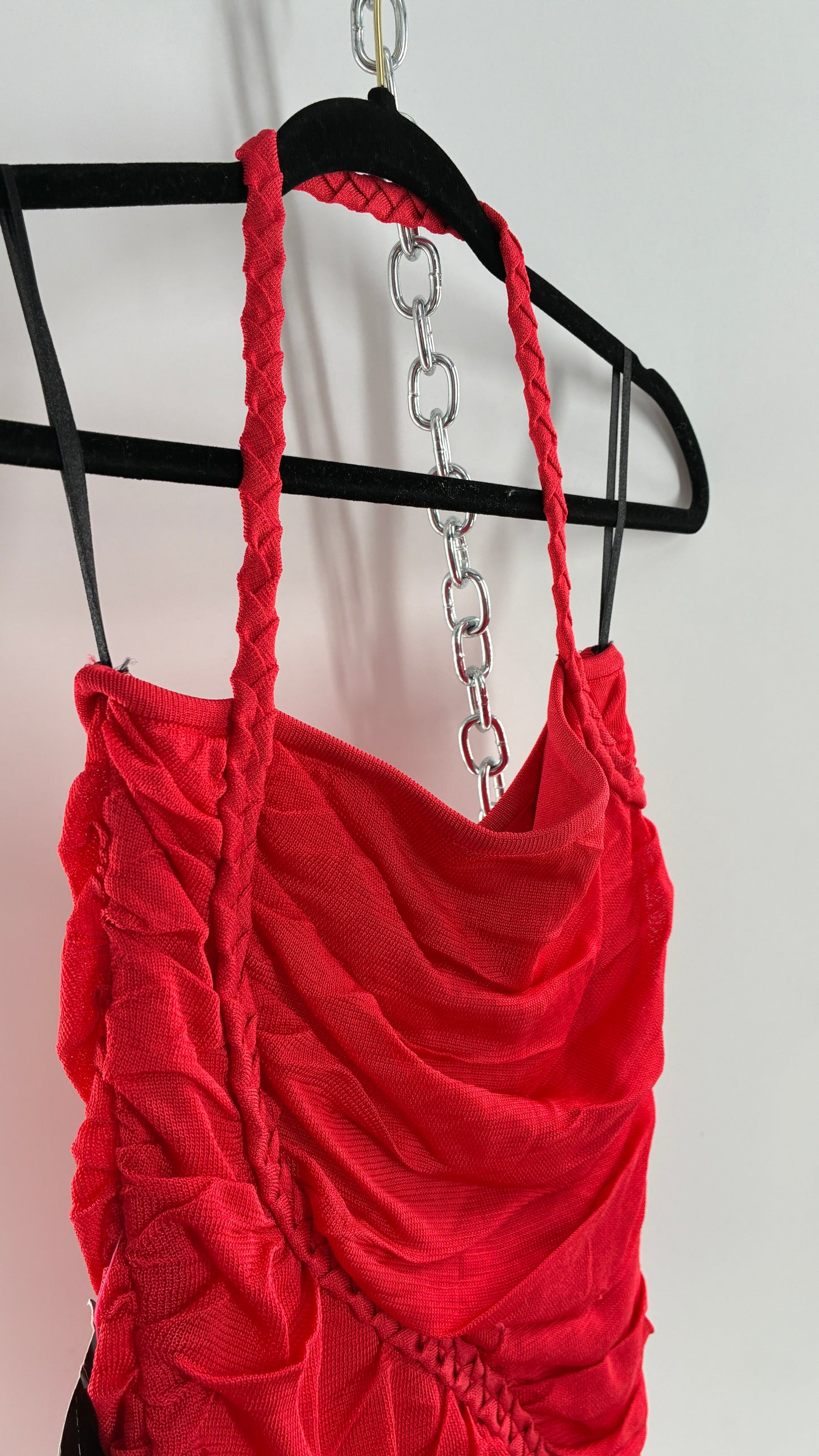 Deadstock Vintage BEBE Red Heavy/Thick Ruched and Roped Mini Dress (Medium)