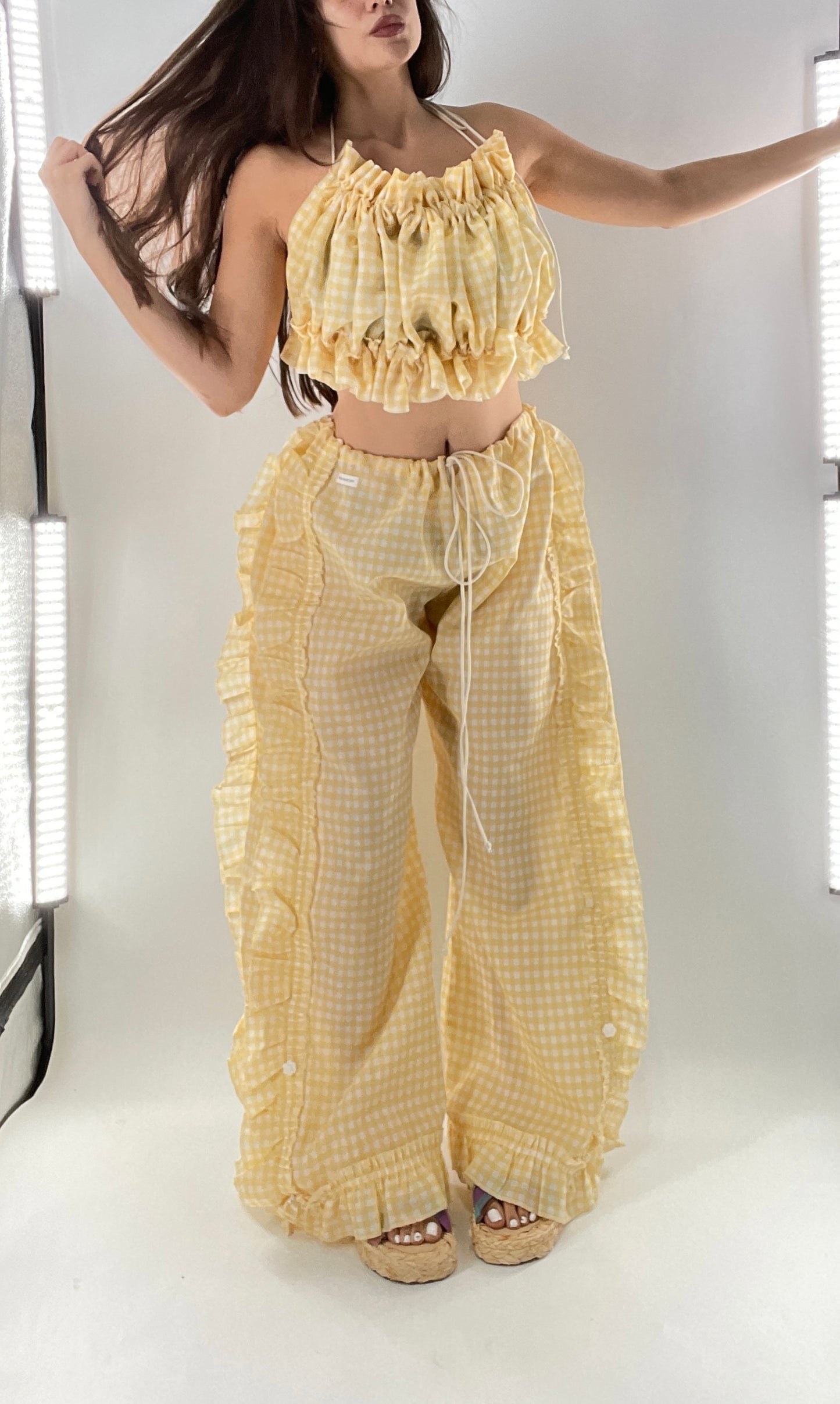 Vintage 2 Piece Yellow Checkered/Gingham Patterned Picnic Set with Ruched Bust Top and Ruffle Side Wide Legs with Adjustable Length, Strap Up Buttons on Hem (One Size)