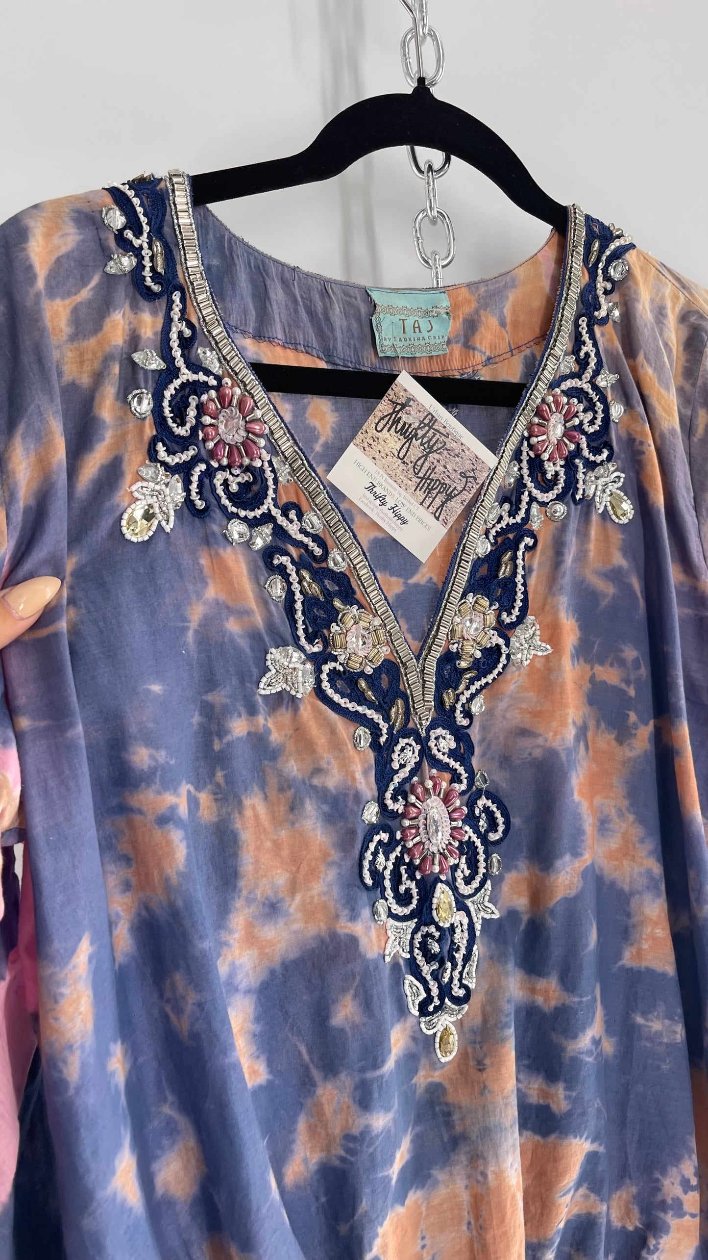 TAJ by Sabrina Crippa Tie Dye Blouse with Gemstone Encrusted Neckline and Ruched Beaded Sleeves (S/M)
