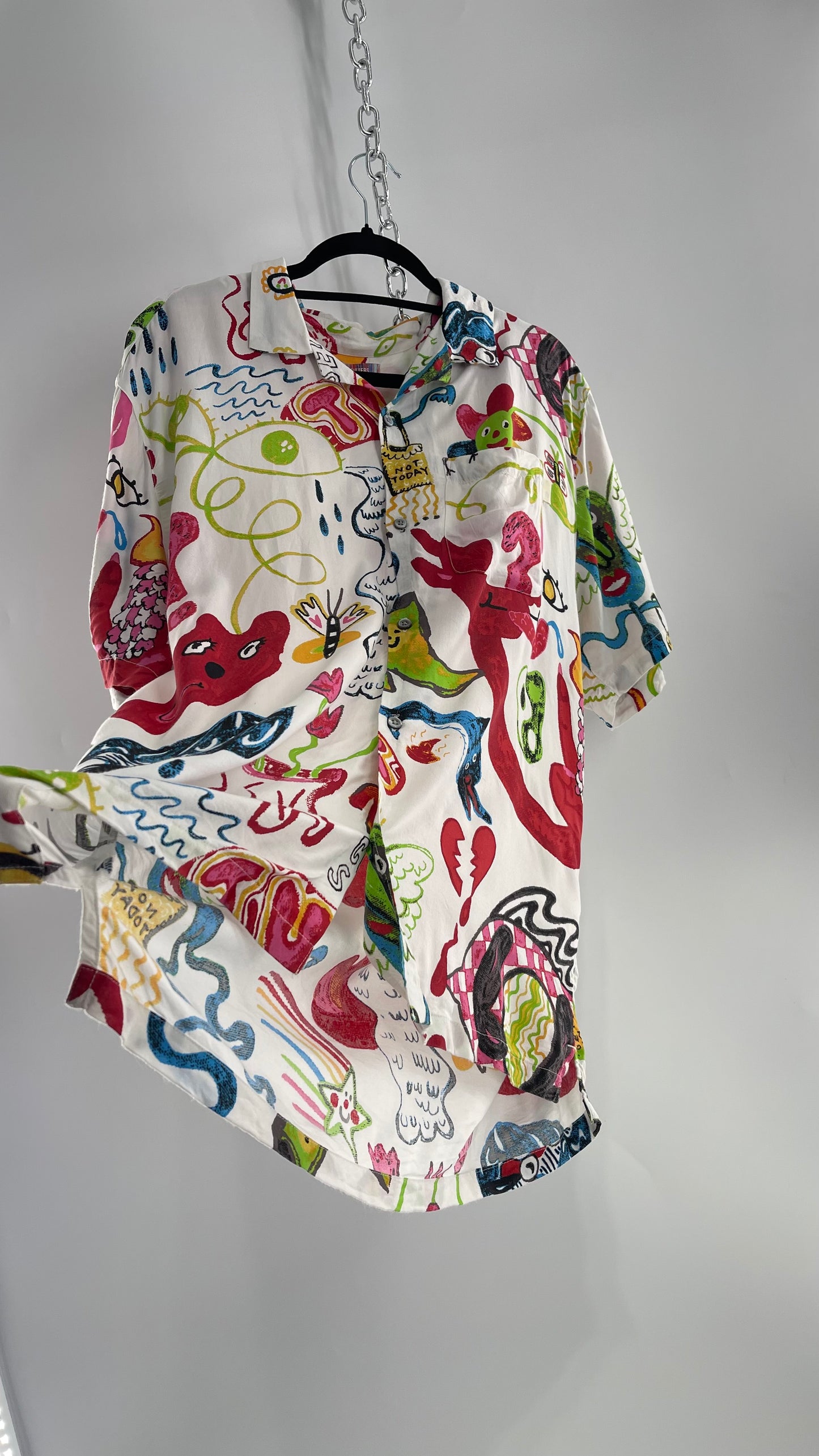 Urban Outfitters Happy Days Colorful Doodle Button Up (Large)