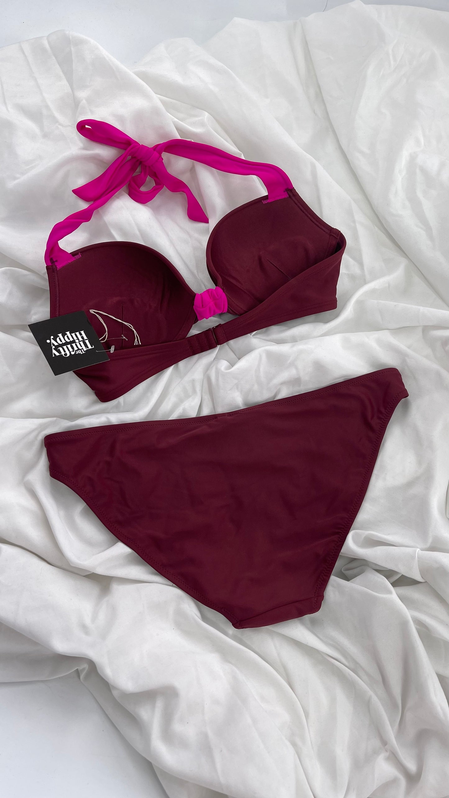 AERIE Burgundy Padded Underwire Swim Top Set with Fuchsia Details (36C/L Bottoms)