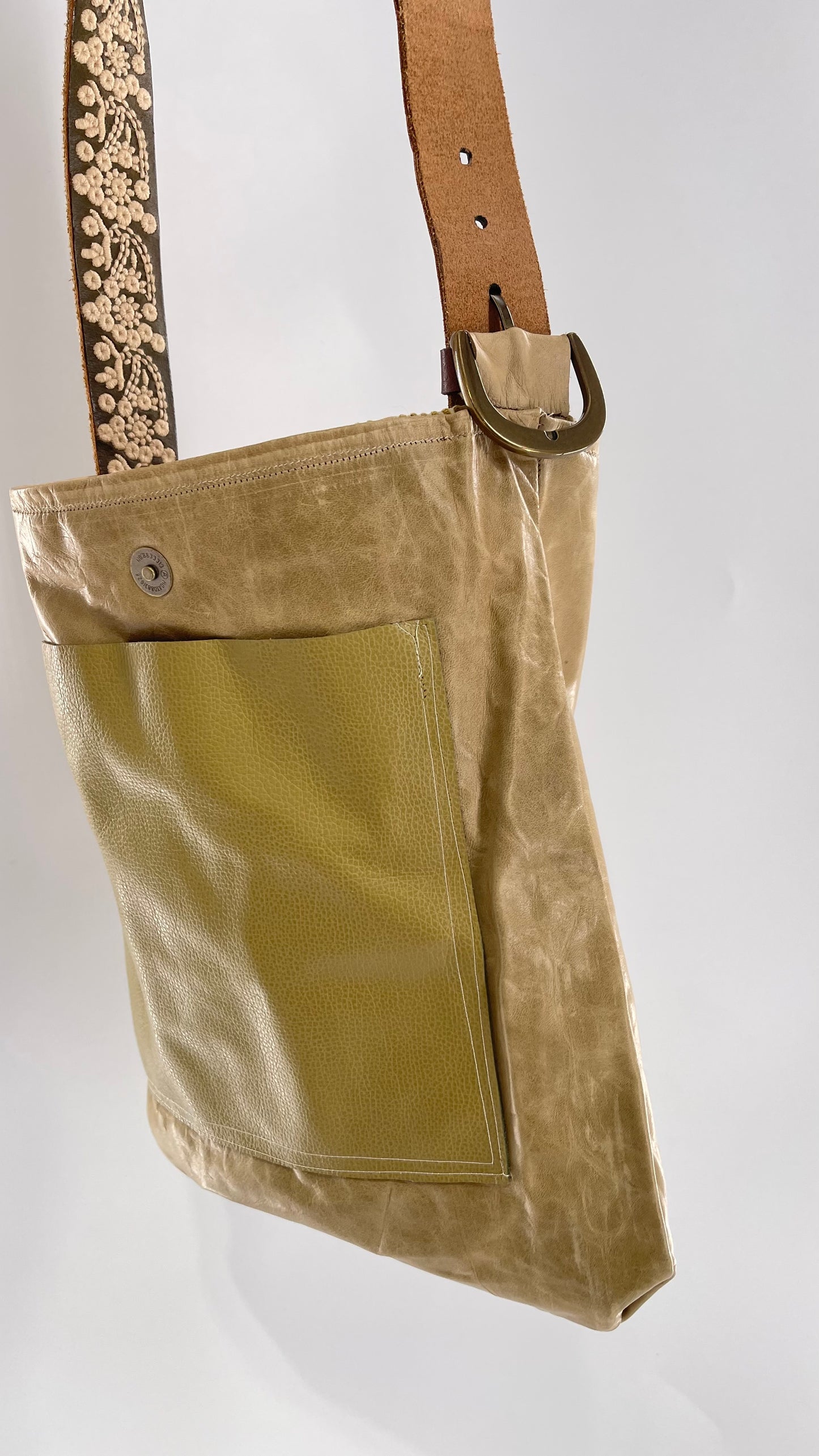 Tote with Embroidered Gold Exterior, Embroidered Leather Strap and Leather Interior - Shown Reversed
