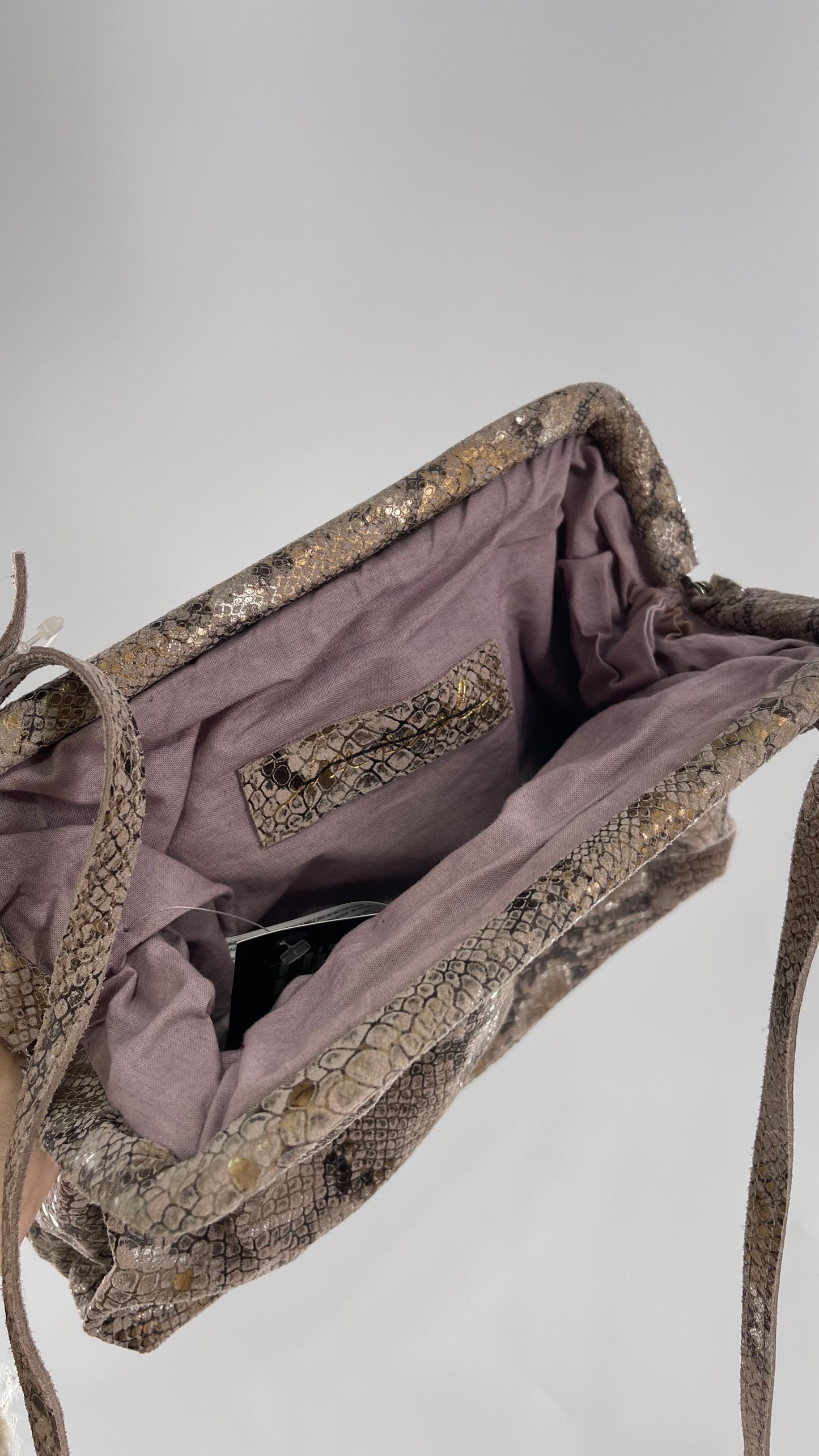 Free People Genuine Leather Clutch and Shoulder Bag Snake Print with Reflective Silver and Gold Flecks