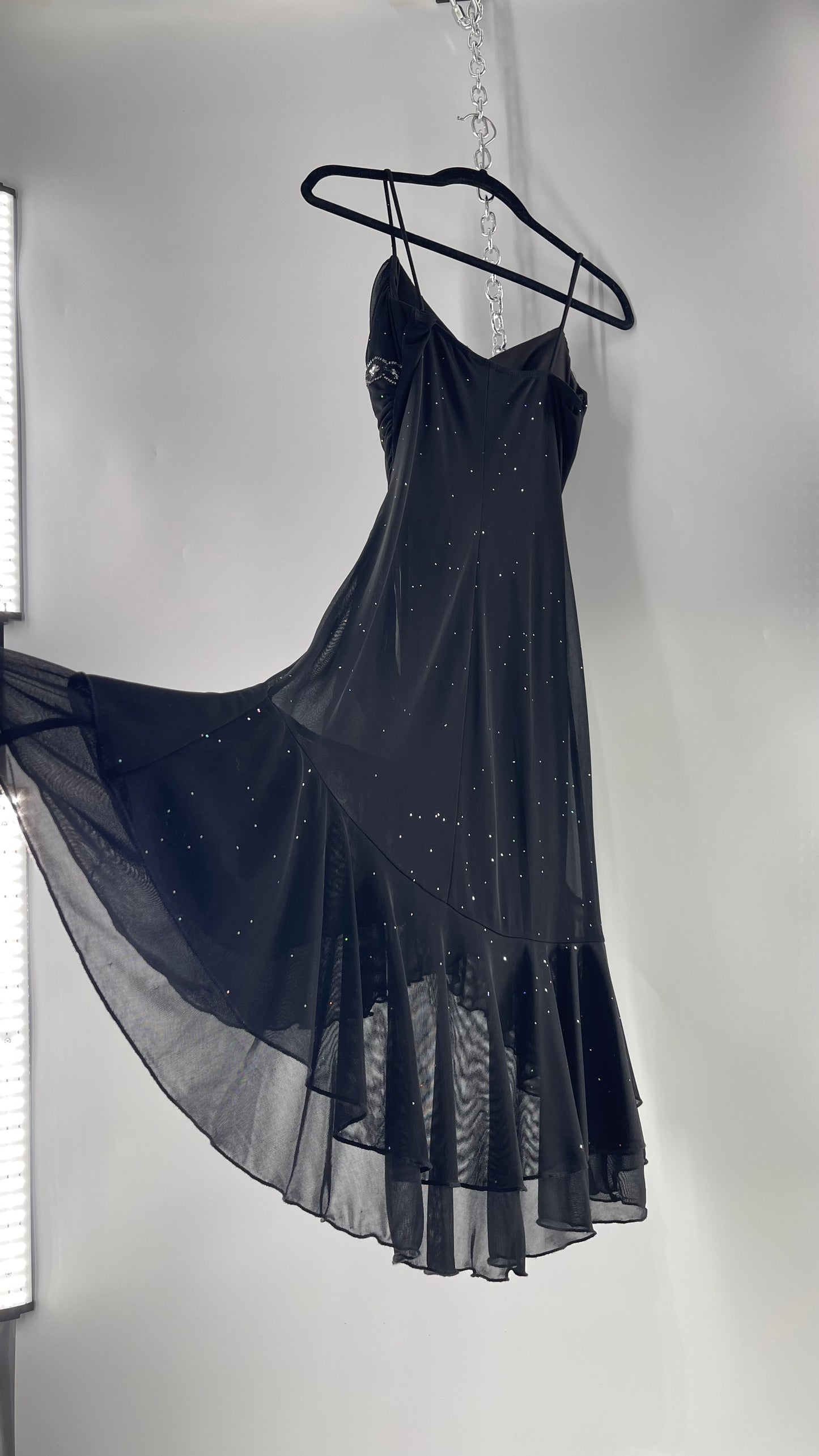 Vintage Taboo Midi Dress with Iridescent Sequins with Lace Underbust Detail, High Low Silhouette and Frills (Medium)