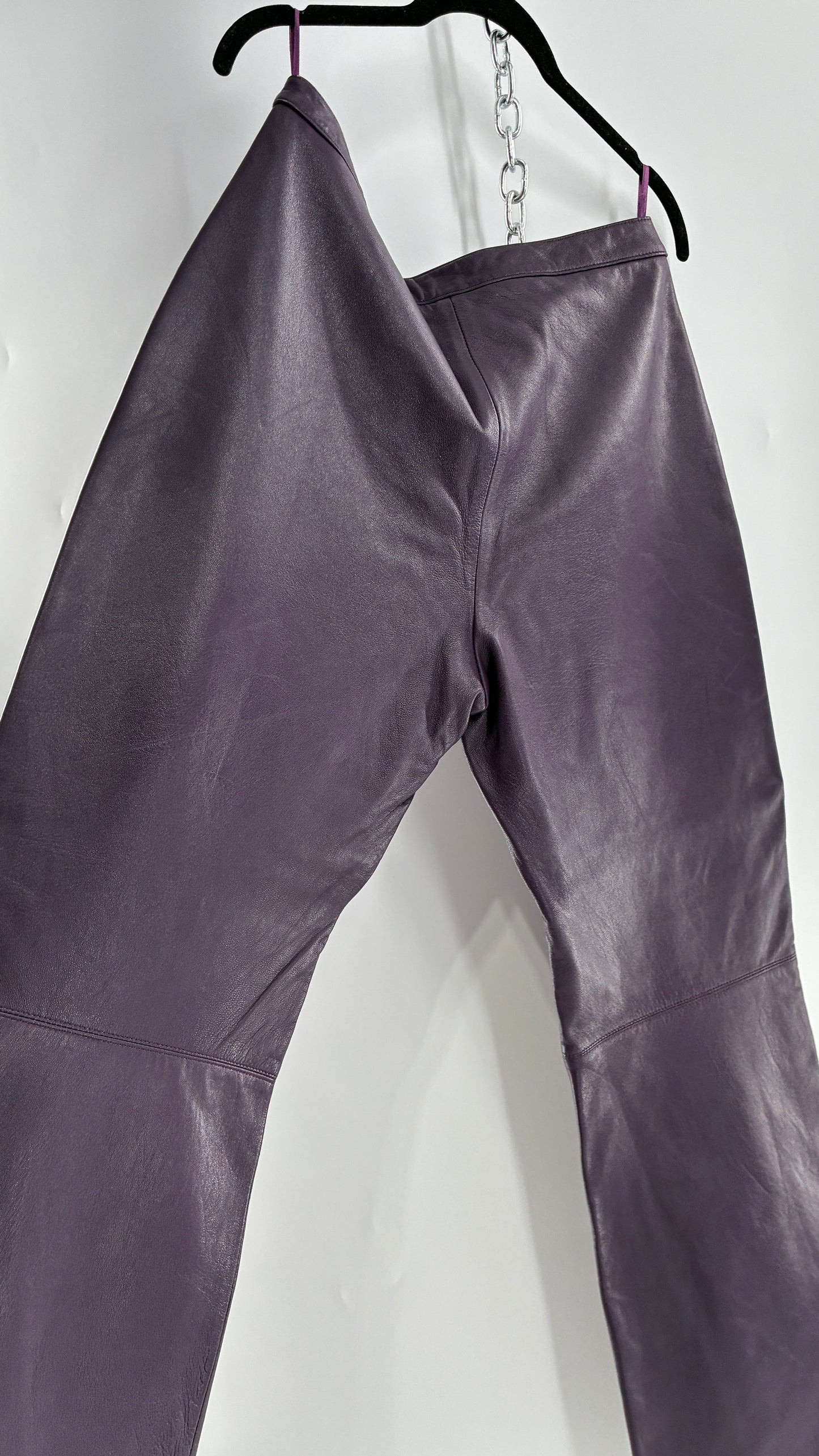 Vintage SHIN CHOI Genuine Italian Leather Purple Side Closure Low Rise Pants (12)