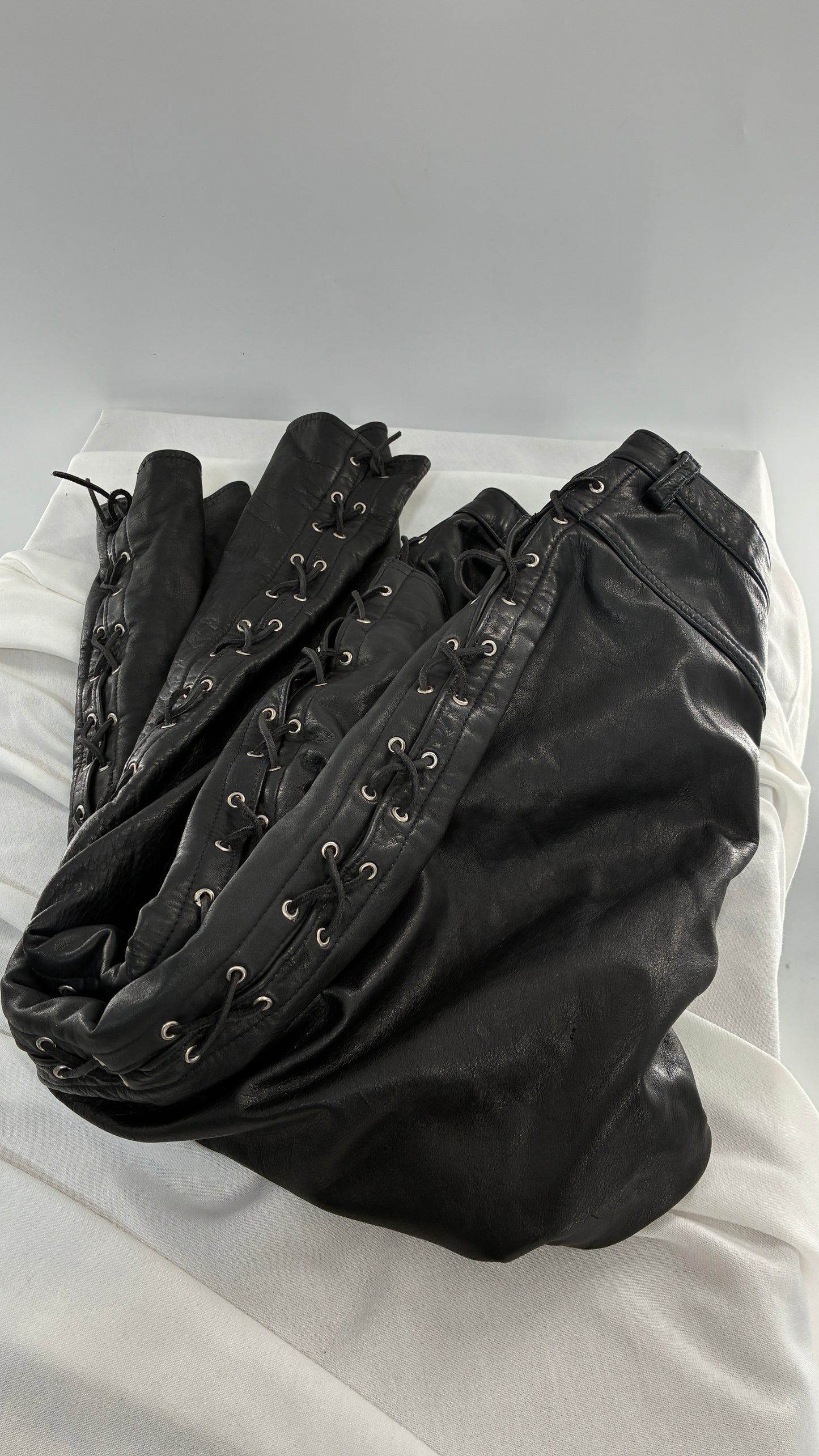 Vintage Thick Ultra Soft Black Leather Pants with Tie Up Sides (Medium)