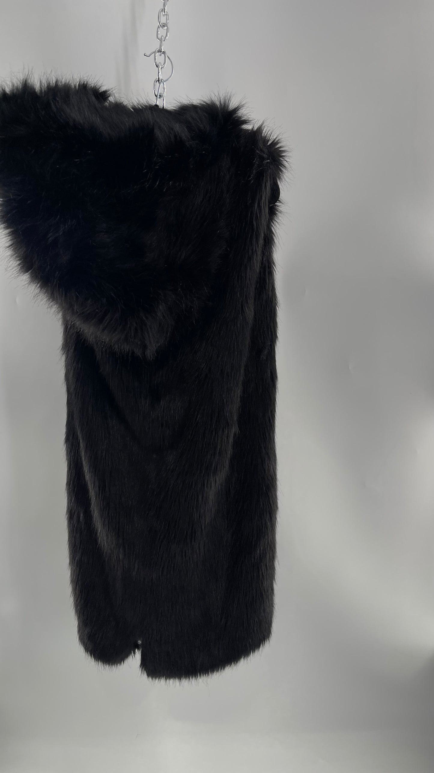Full Length Black Fuzzy Sleeveless Vest with Oversized Hood (Medium)