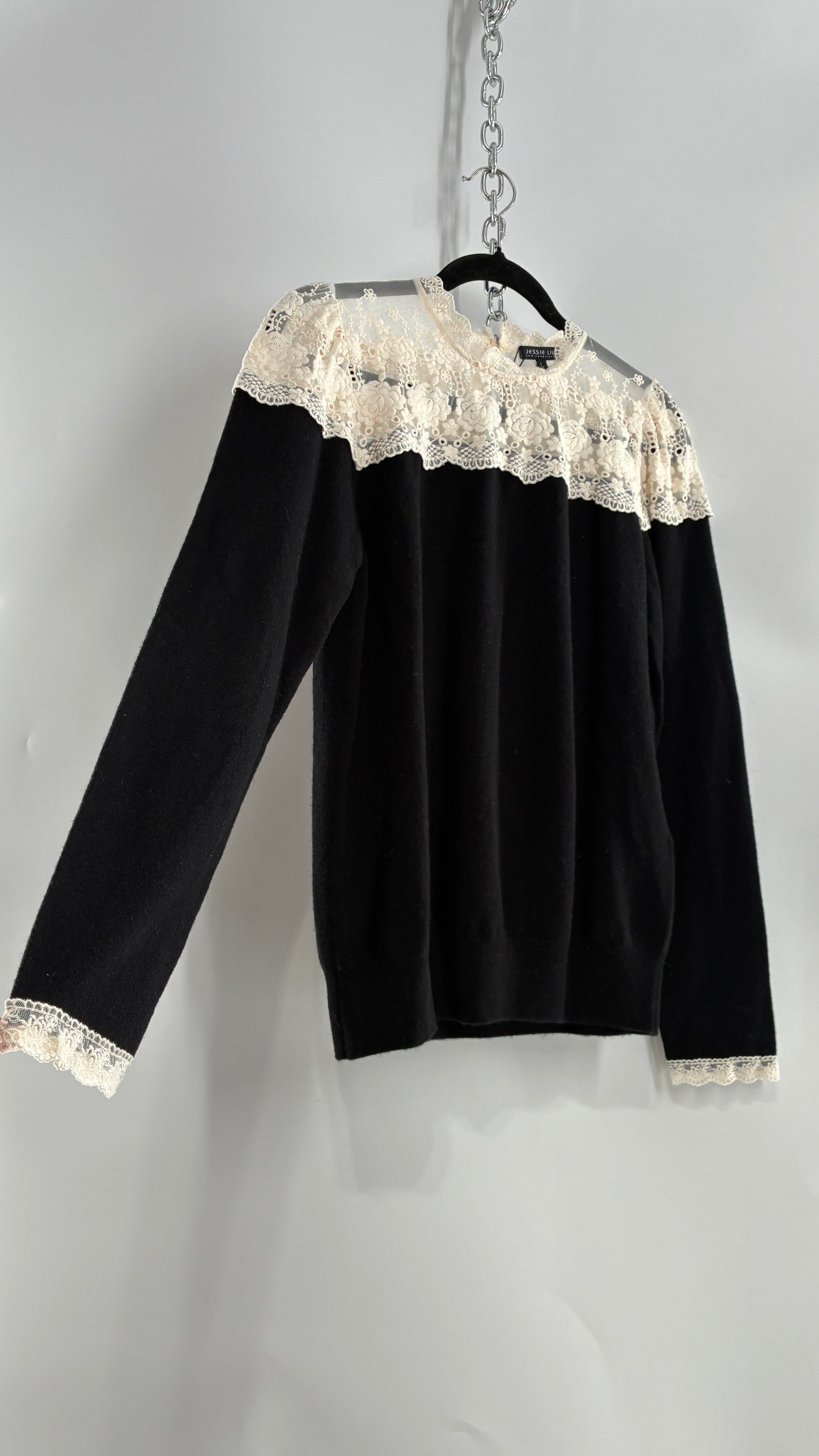 JESSIE LIU Amari Black 100% Merino Wool Sweater with Ivory Lace Neckline and Cuffs (Large)