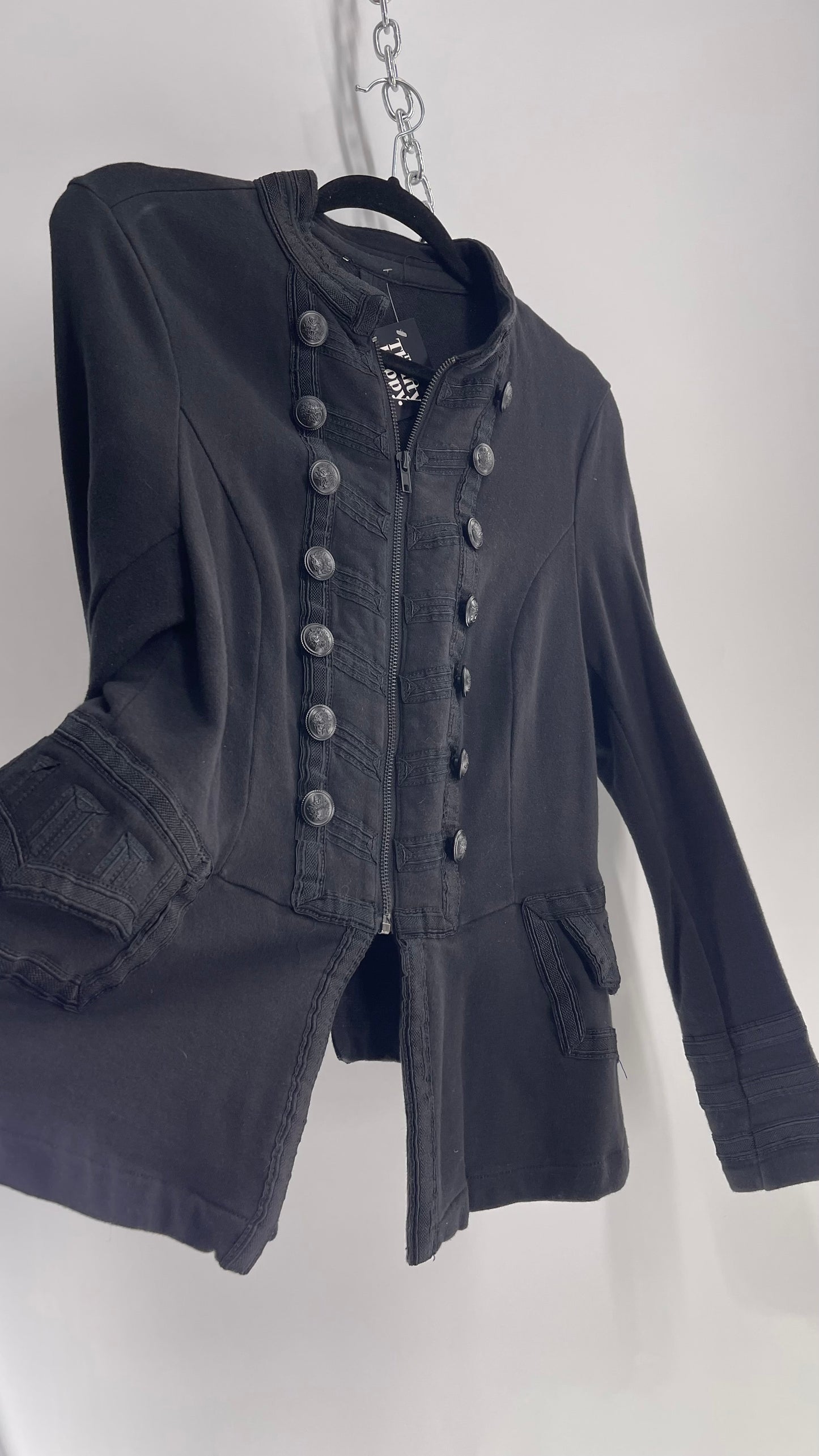 Vintage Black Military Style Button Front Jacket (XL)