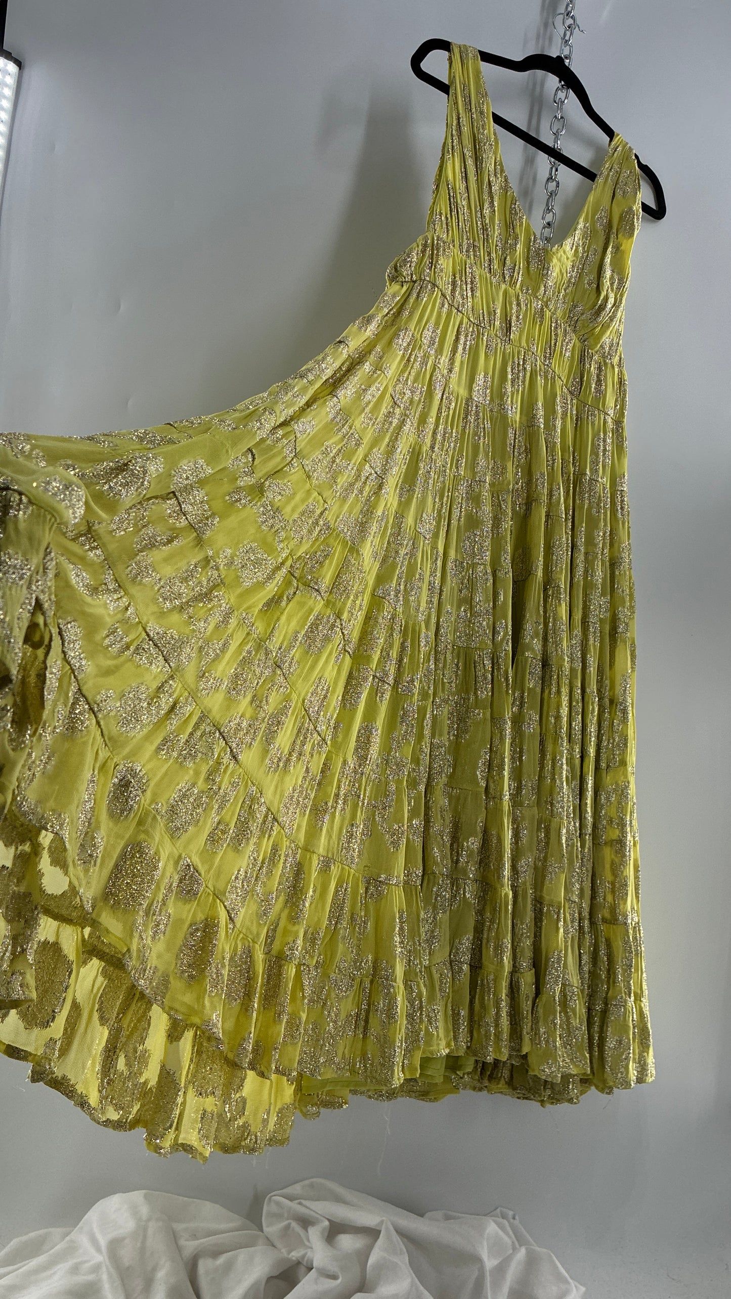 LET ME BE Lime Yellow/Green Ultra Voluminous Tiered Dress with Gold Metallic Jacquard Appliqué Pattern (XL)