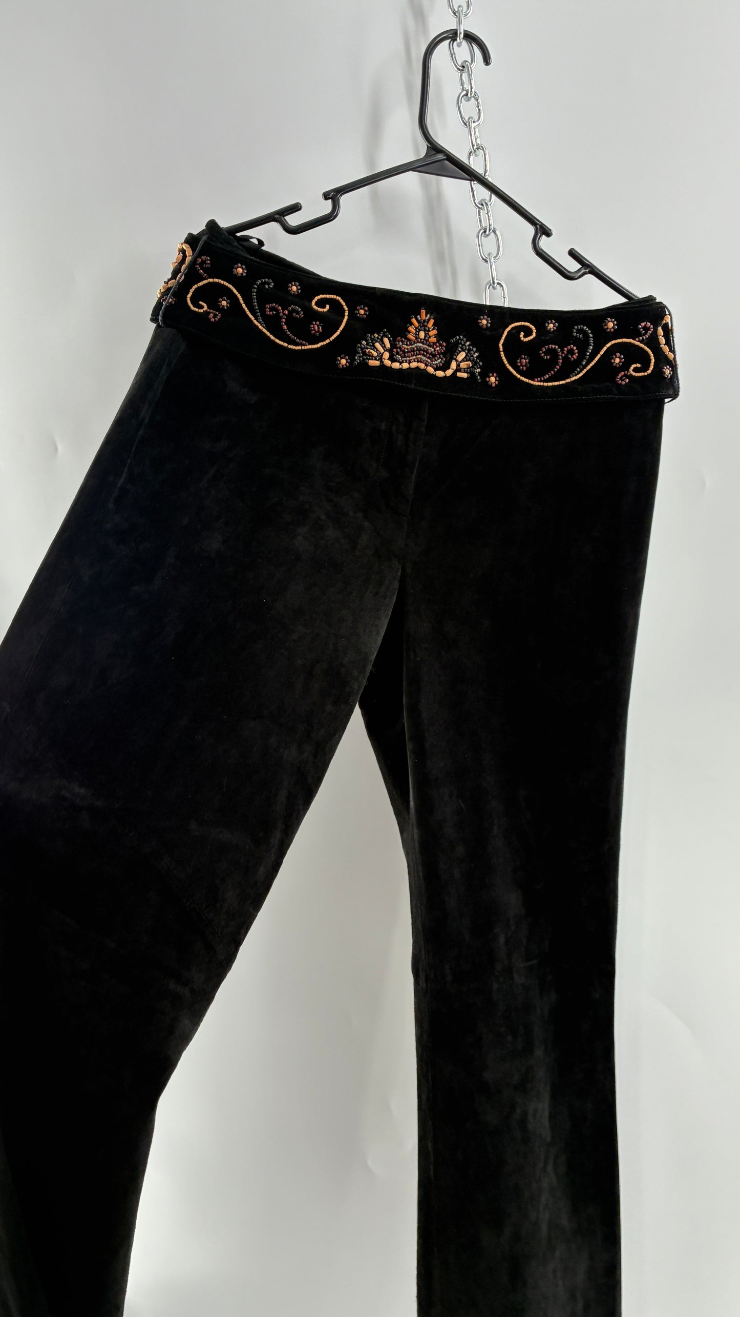 Vintage Margaret Godfrey Black Genuine Suede Leather Kick Flares with Wide Beaded Belt (10)