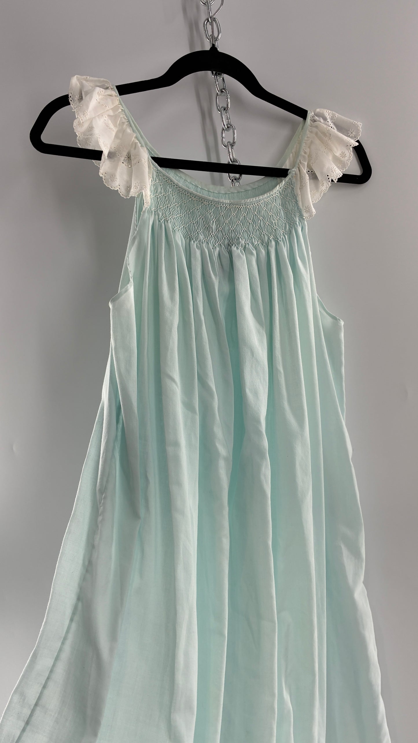 Vintage Baby Blue Nightgown Maxi with White Scalloped Lace Straps and Hem (Medium)