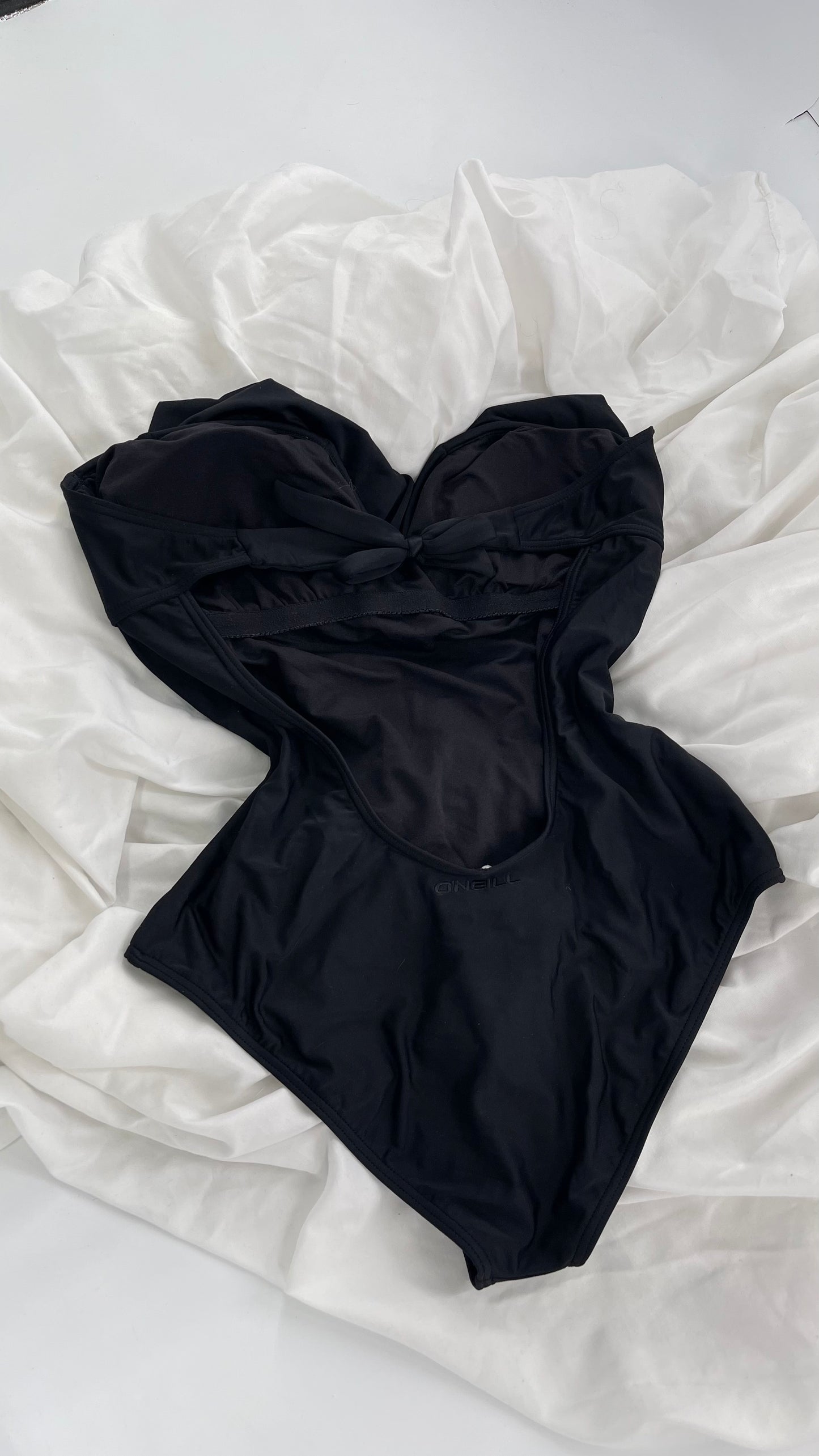 O’Neill Black Swimsuit with Built in Bra with Ruffled Bust, Open Back, Straps and Tags Attached (Large)