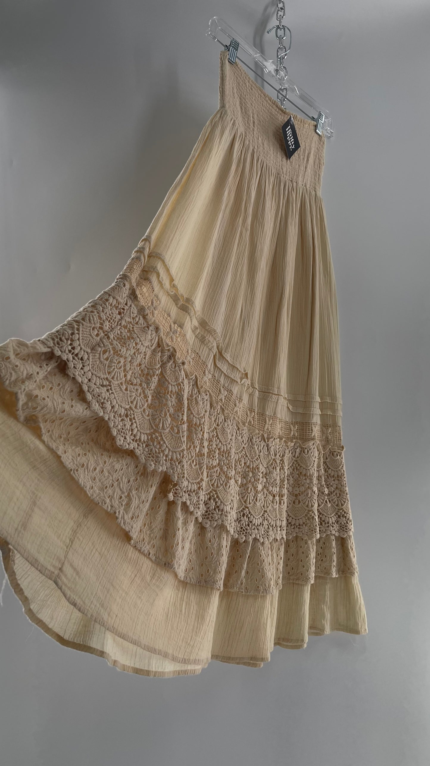 Free People Beige Gauze/Cotton Full Length Skirt Lined with Lace (XS)