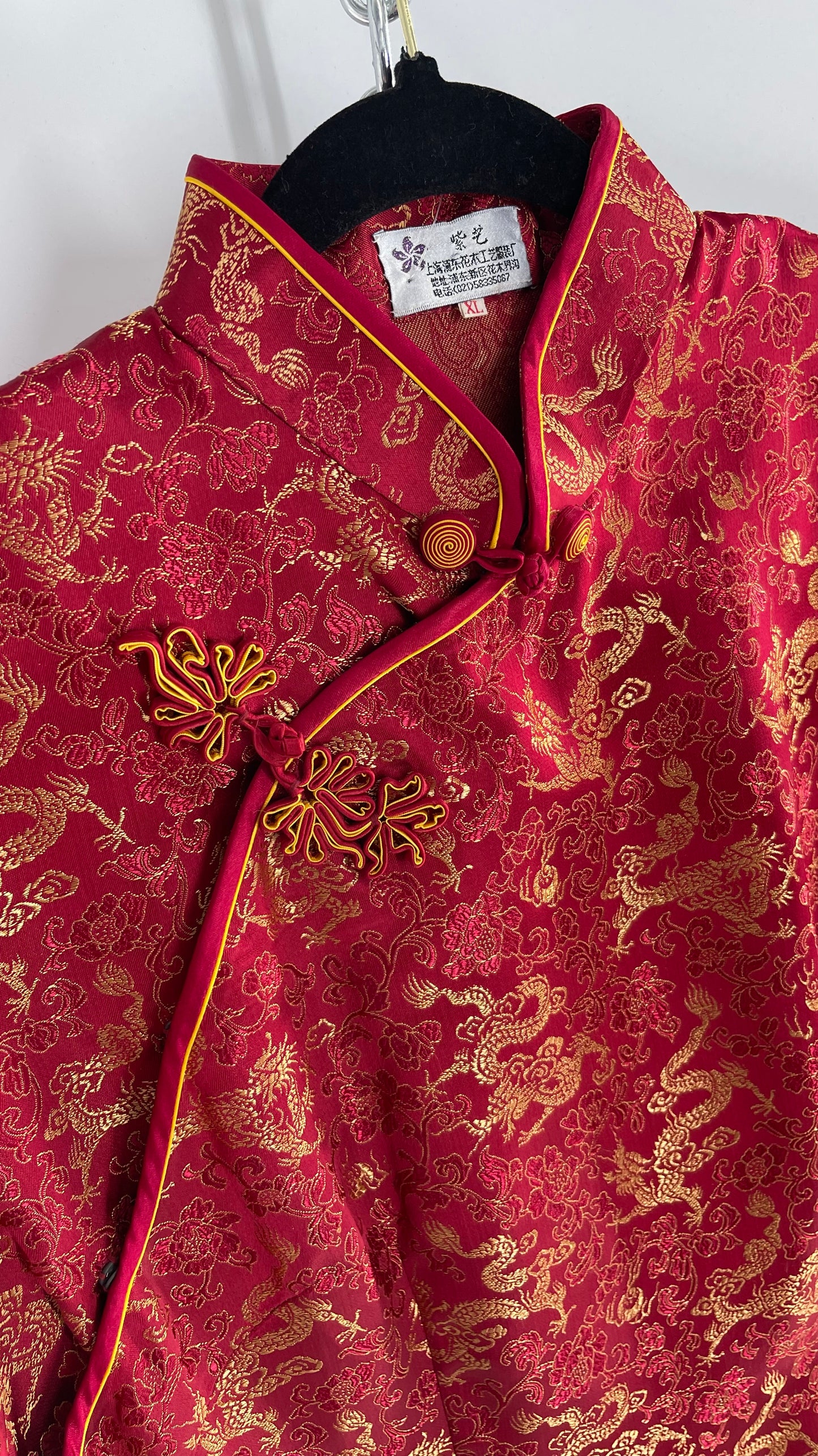 Vintage 1980s Chinese Red Silk Dragon Motif Printed/Embroidered Qipao (XL)