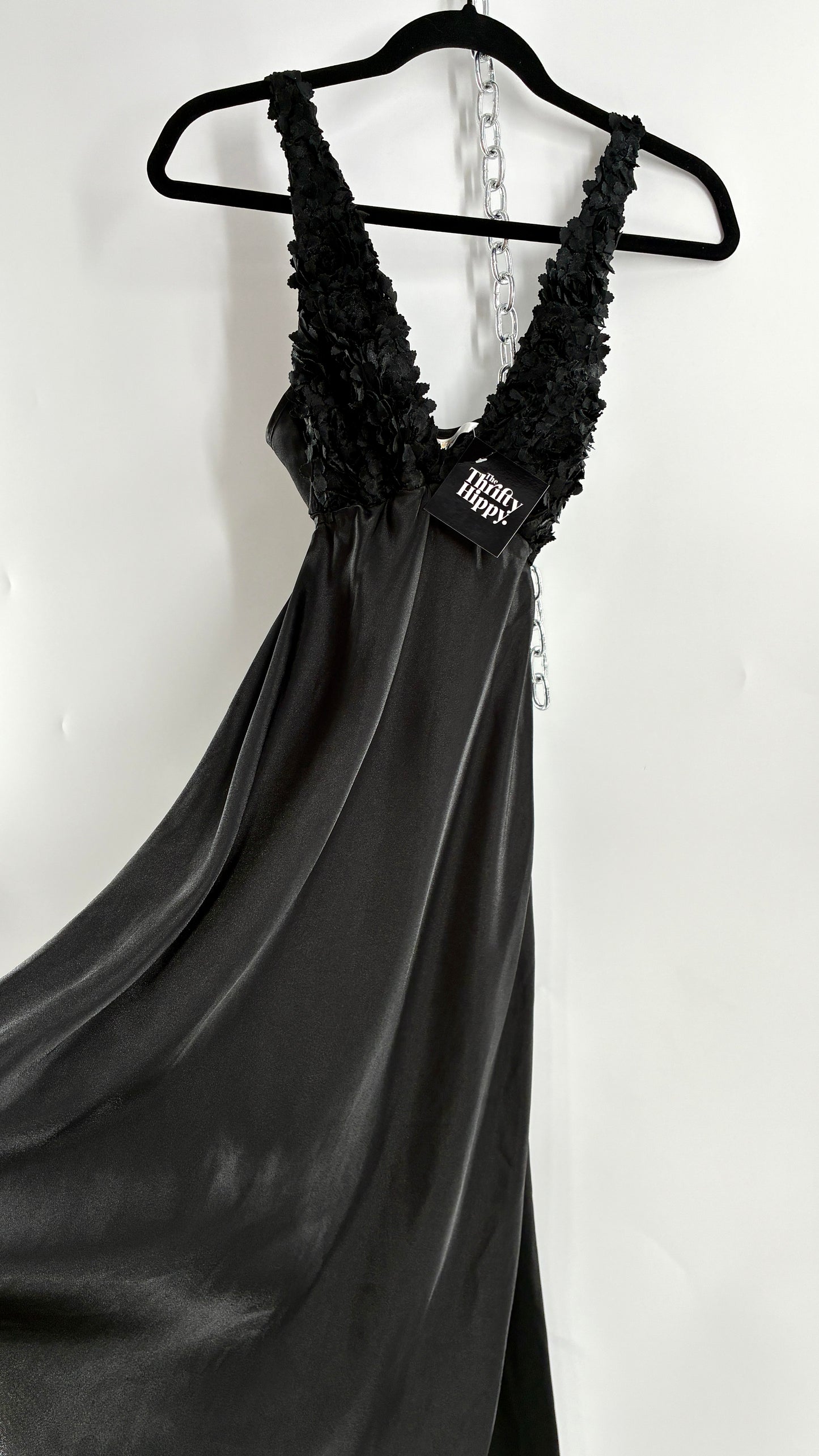 Vintage FLORA Black Slip Gown with Textured Floral Bust (Small)