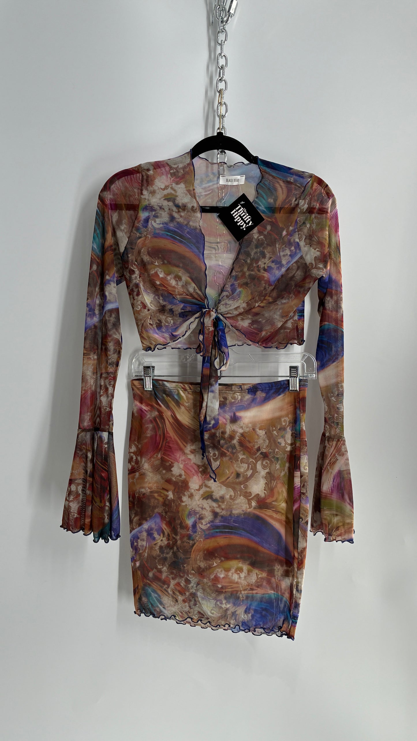 Graphic Two Piece Set: Bell Sleeve Tie Front Blouse & Mini Skirt (Large)