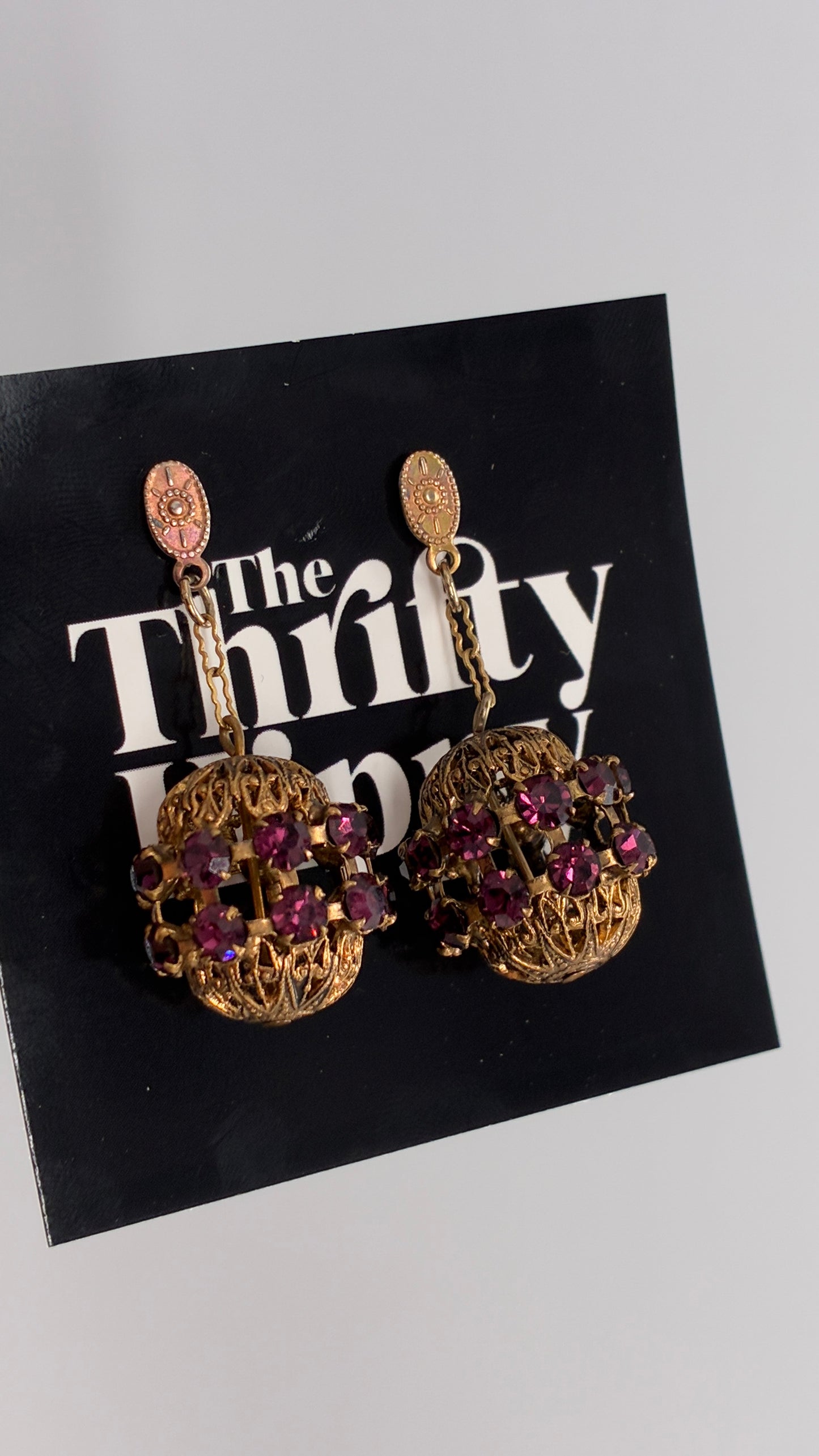 Vintage Bronze Ornate Cage Pendant Earrings with Purple Stone Details