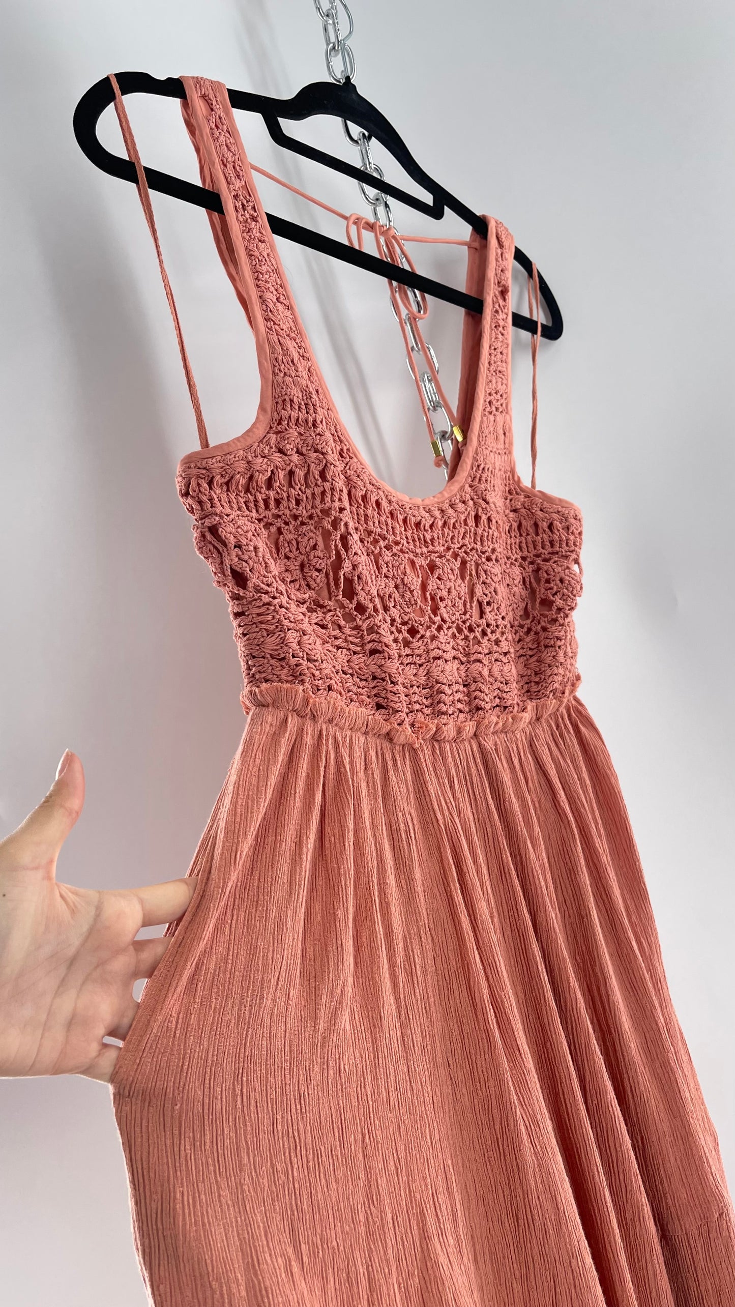 Free People Rose/Peach Pink Wide Leg Jumpsuit with Crochet Bust and Tags Attached (XS)