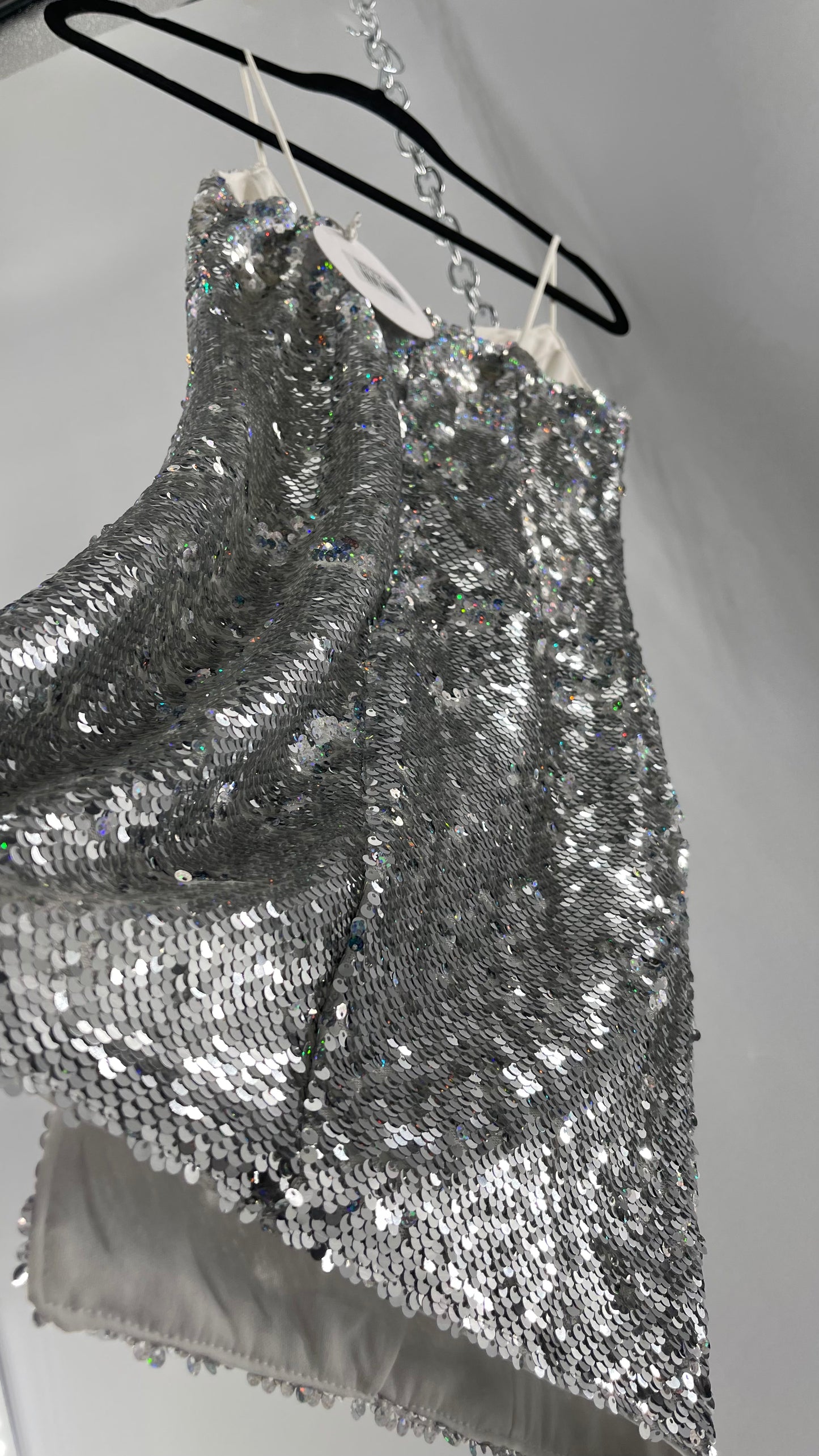 Princess Polly Silver Iridescent Sequin Mini Dress with Triangle Cups and Thigh Slit (0)