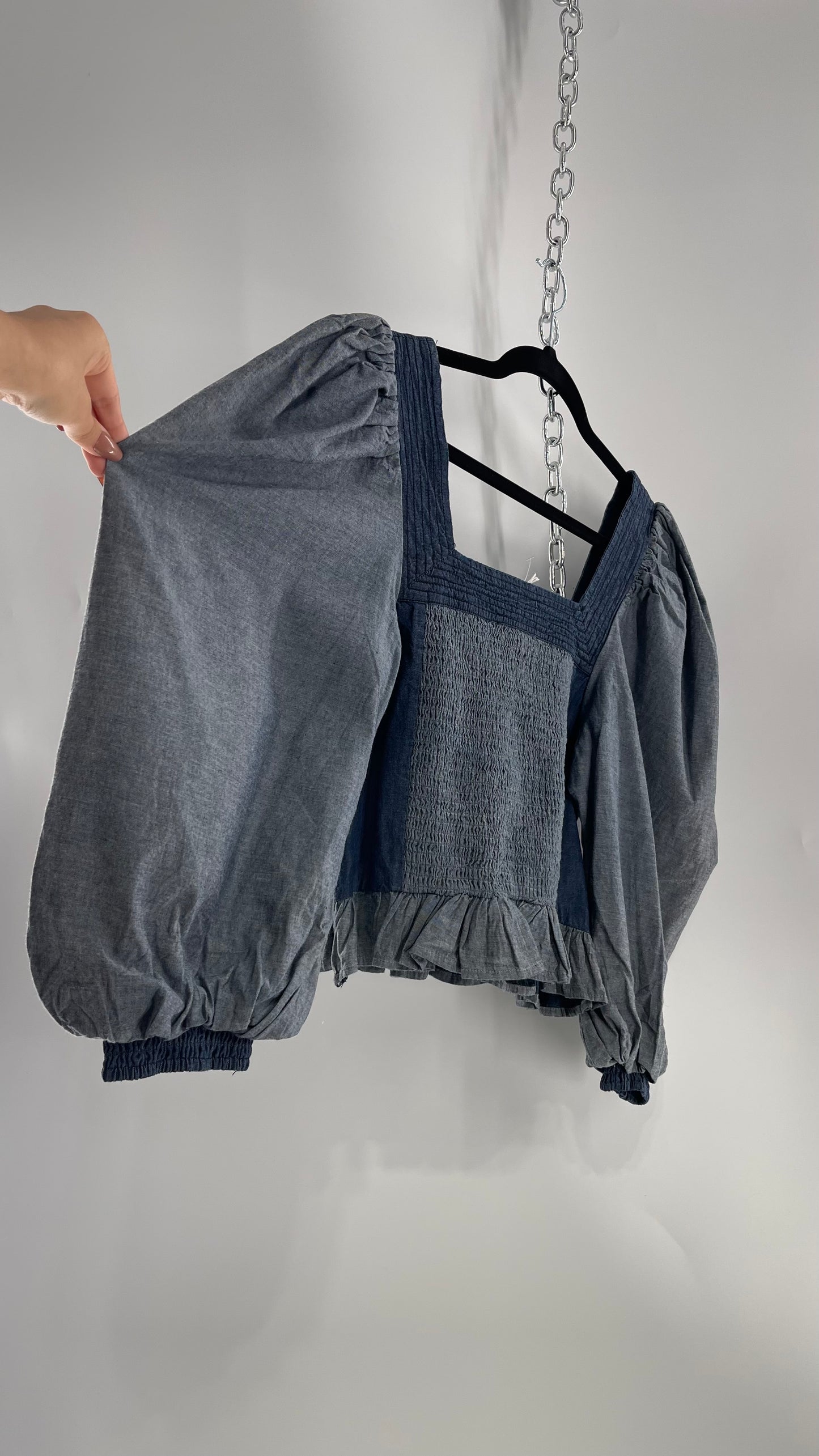 Love the Label ANTHROPOLOGIE Chambray, Chevron, Denim Smocked Blouse with Dramatic Sleeves and Tags Attached (Small)