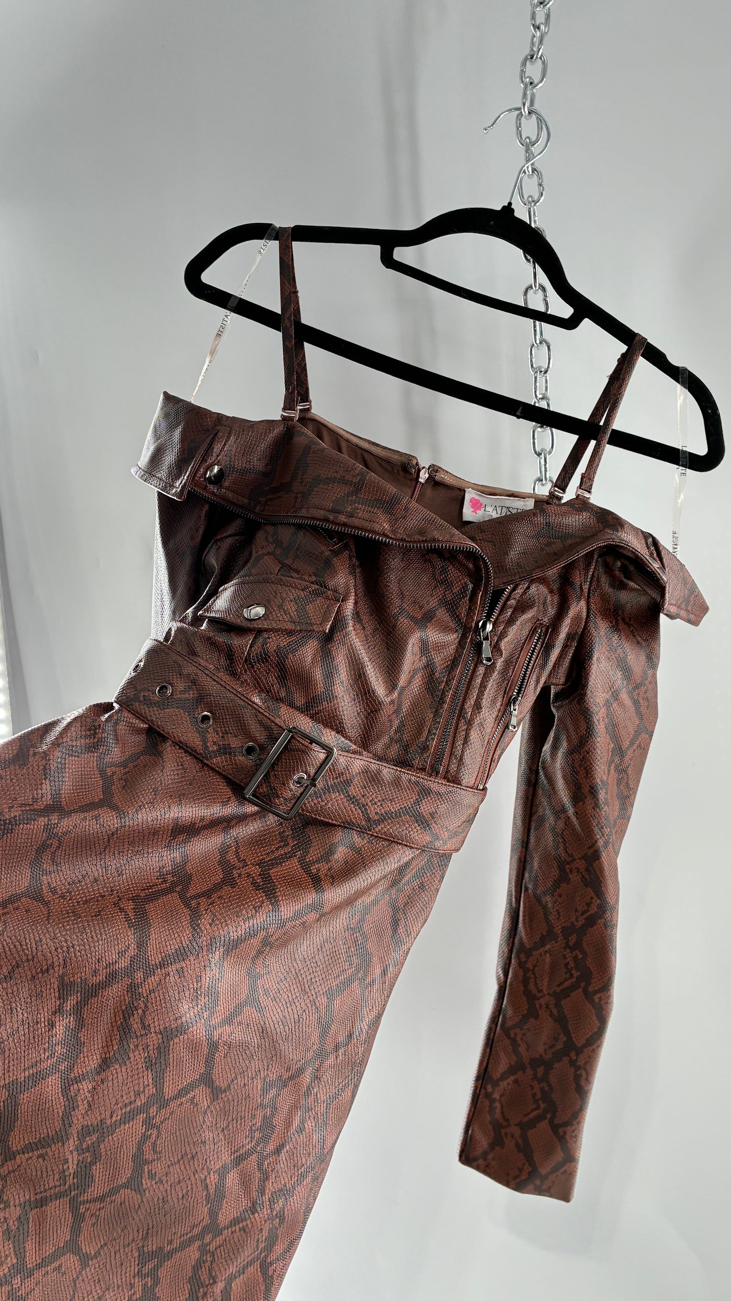 L’ATISTE Snakeskin Vegan Leather Moto Off the Shoulder, Knee High Dress (Medium)