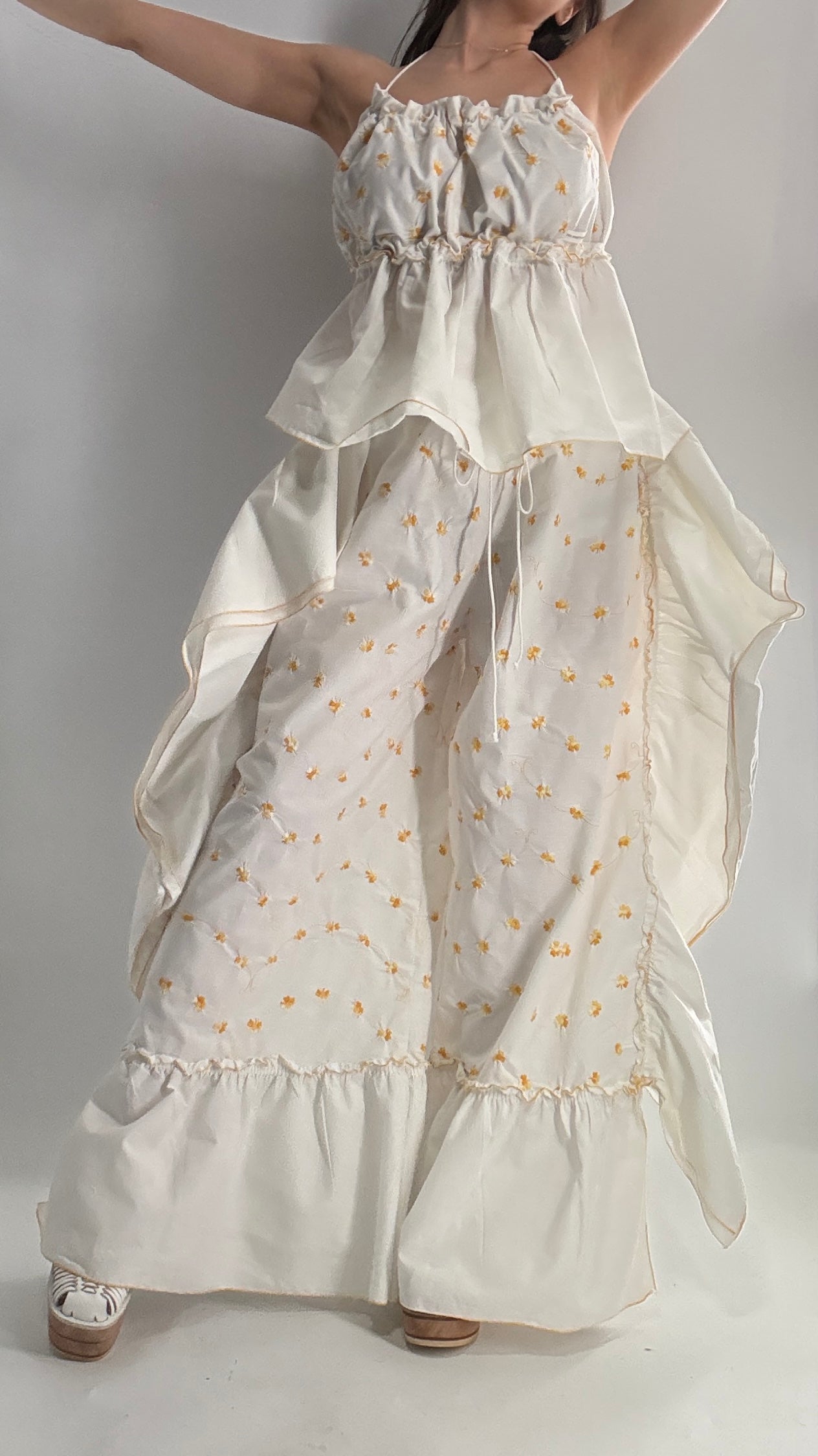 Vintage Handmade Angeline 2pc Set with Ruffled Pant, Embroidered Daisy Pattern, and Bustier Camisole with Adjustable Drawstring Bustline and Waistline (XS-L)