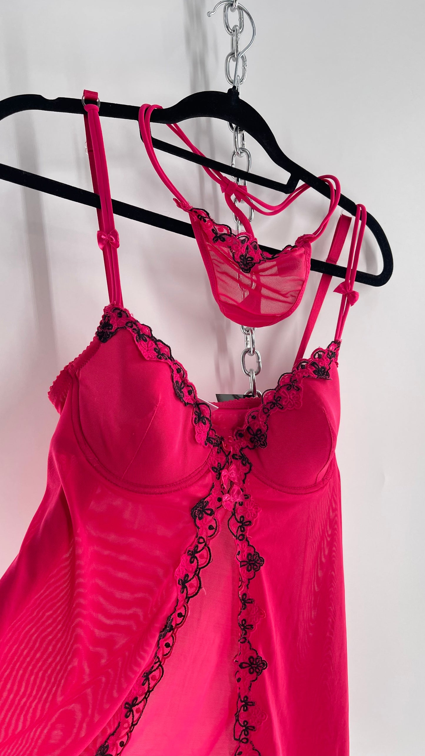 Vintage HOT Hot Pink Vented Babydoll Top and Thong Set with Black Embroidery and Bows (Medium)
