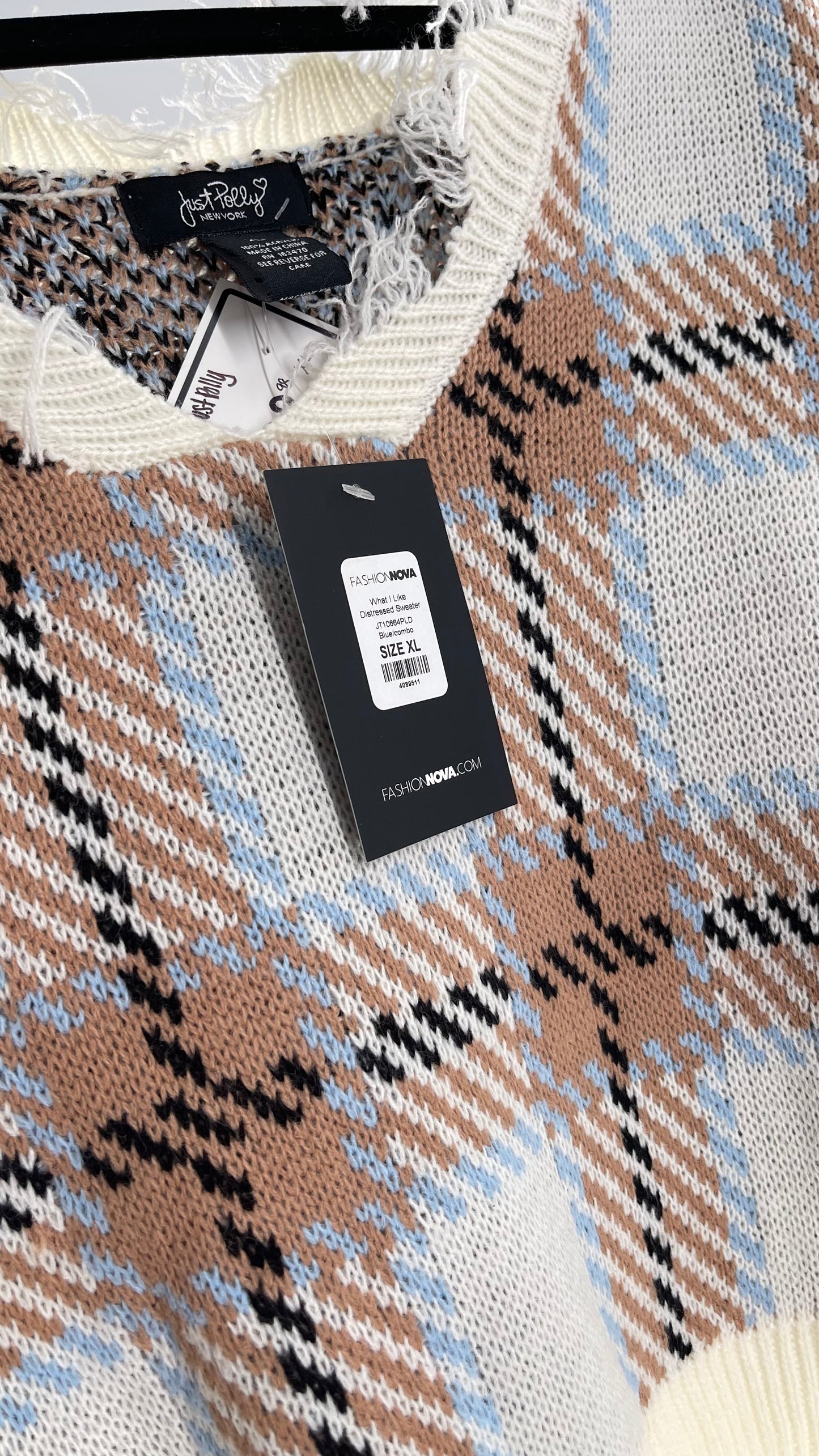 Fashion Nova Plaid Powder Blue/Tan Distressed Sweater