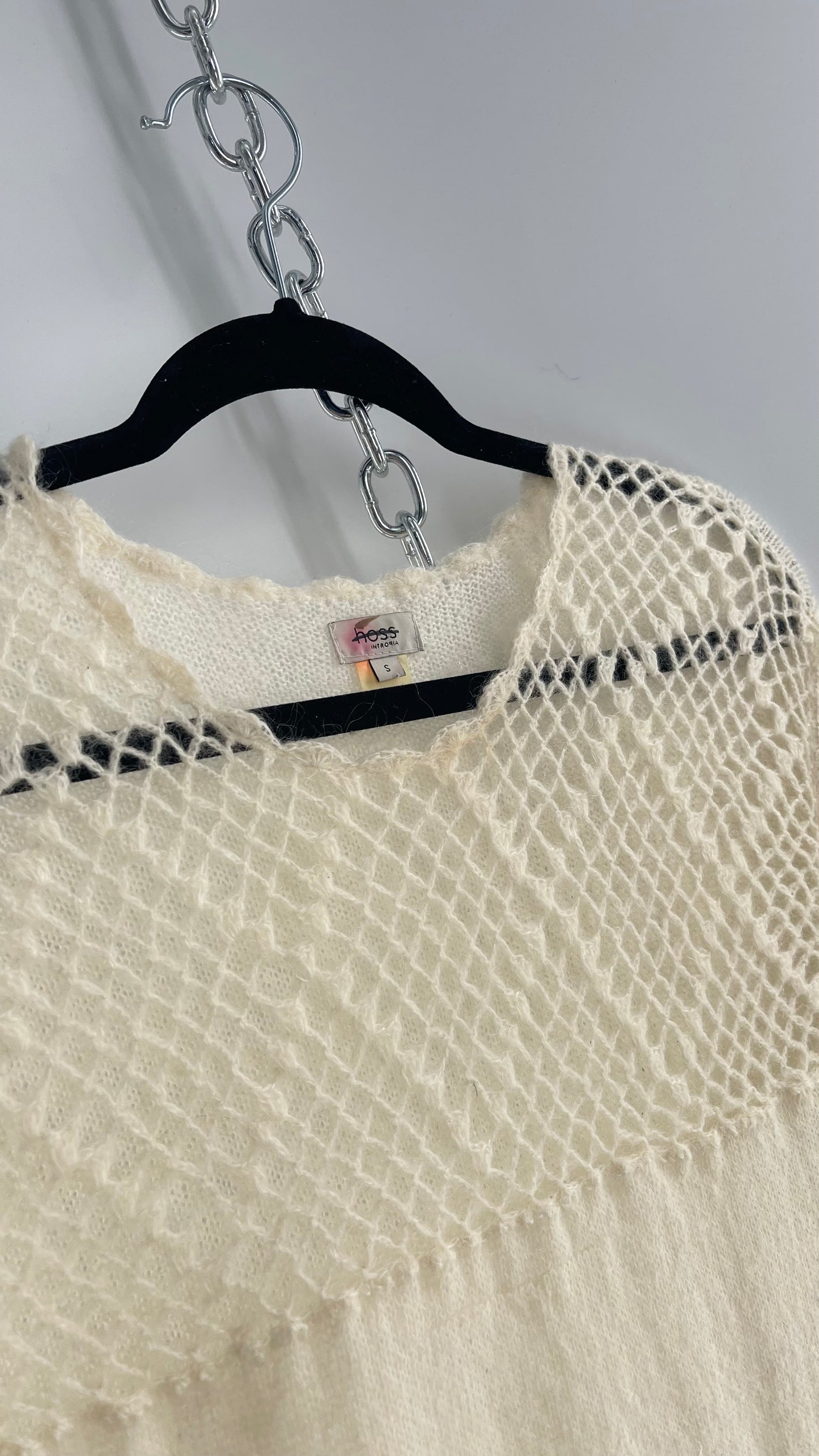 hoss intropia Cream Off White Knit Slouchy Sweater Vest with Netted Bust 30% Wool 25% Mohair Anthropologie (Small)