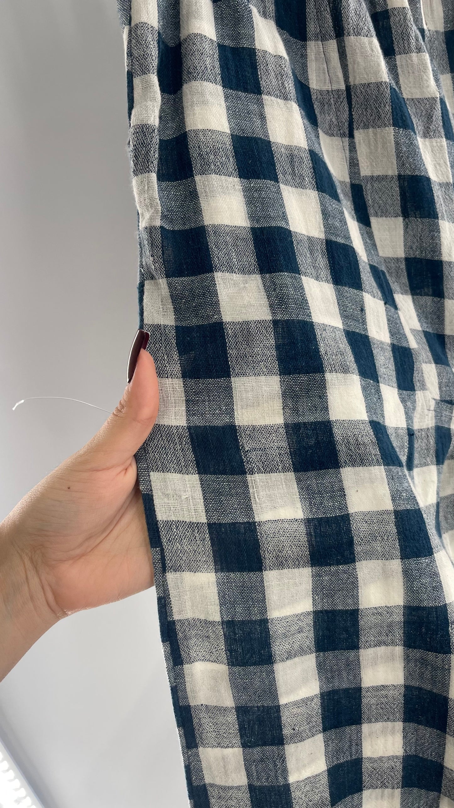 FAIRCLOTH Gingham Checkered White and Blue Linen/Cotton Cropped Drop Crotch (Small)